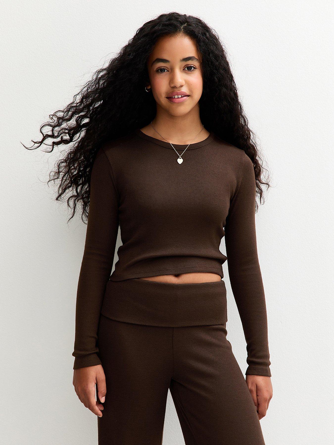 New Look 915 Girls Brown Soft Touch Crew Neck Top - Dark Brown