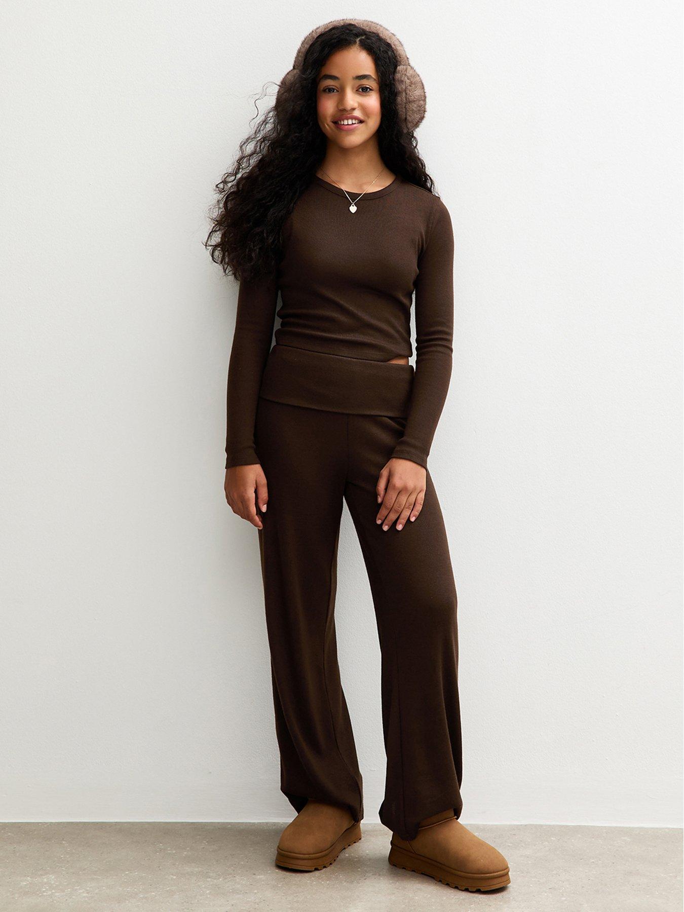  image of new-look-915-girls-brown-soft-touch-crew-neck-top-dark-brown