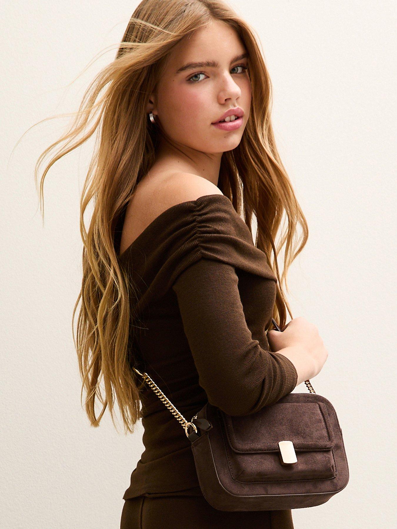 Image 2 of 6 of New Look 915 Girls Brown Ruched Side Bardot Top - Dark Brown