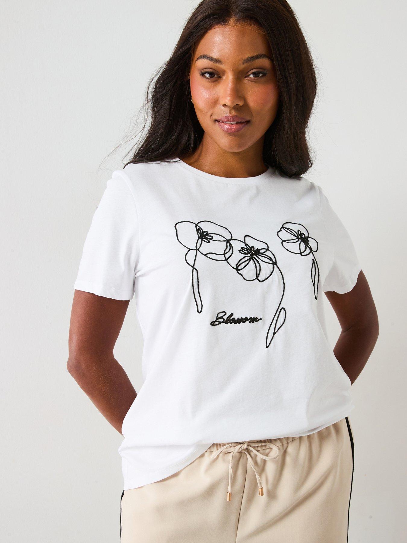 V by Very Curve Floral Embroidered T-Shirt - White