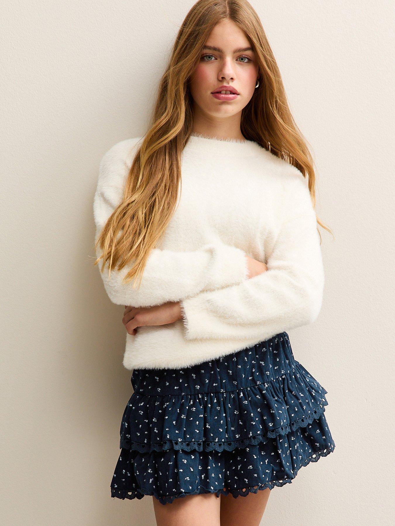  image of new-look-915-girls-navy-corduroy-floral-print-rara-skort-blue