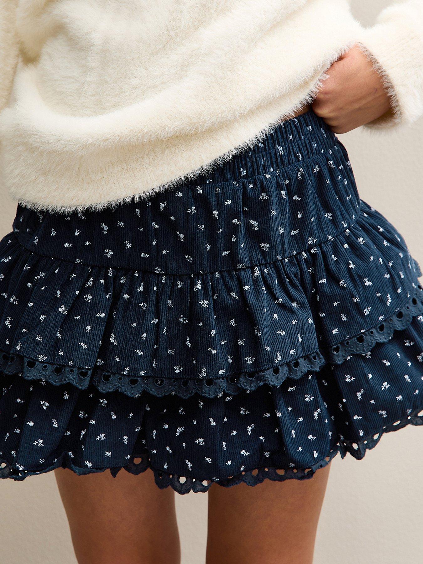  image of new-look-915-girls-navy-corduroy-floral-print-rara-skort-blue