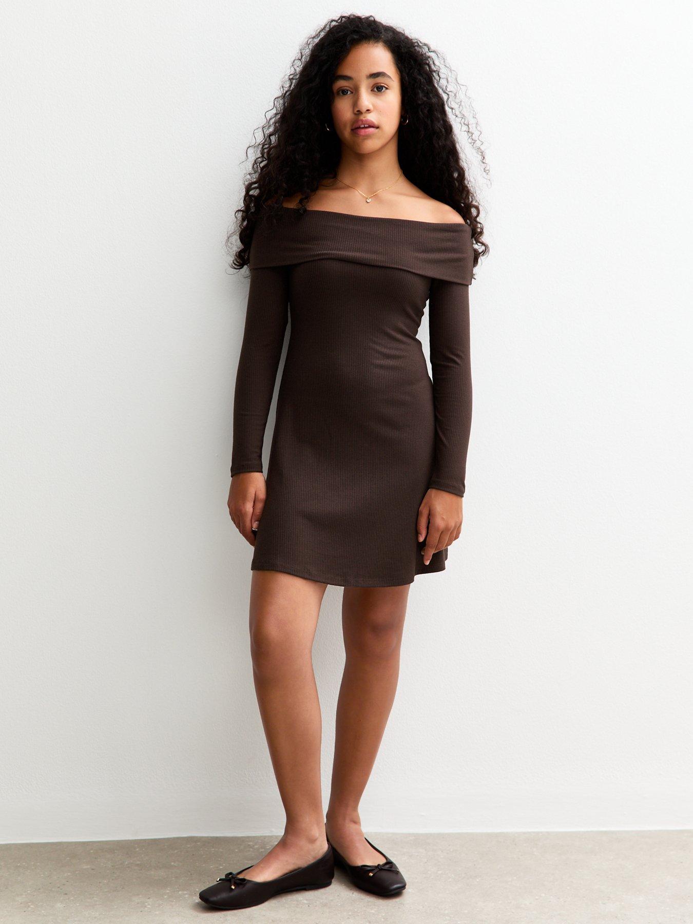 undefined Girls Bardot Ribbed Long Sleeve Dress - Dark Brown