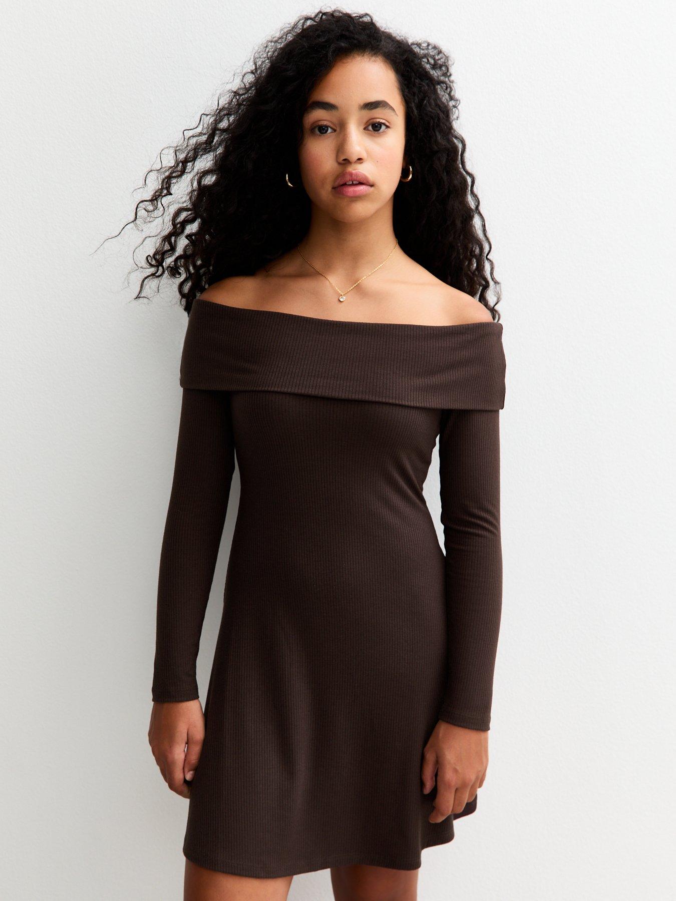Image 4 of 5 of New Look 915 Girls Bardot Ribbed Long Sleeve Dress - Dark Brown
