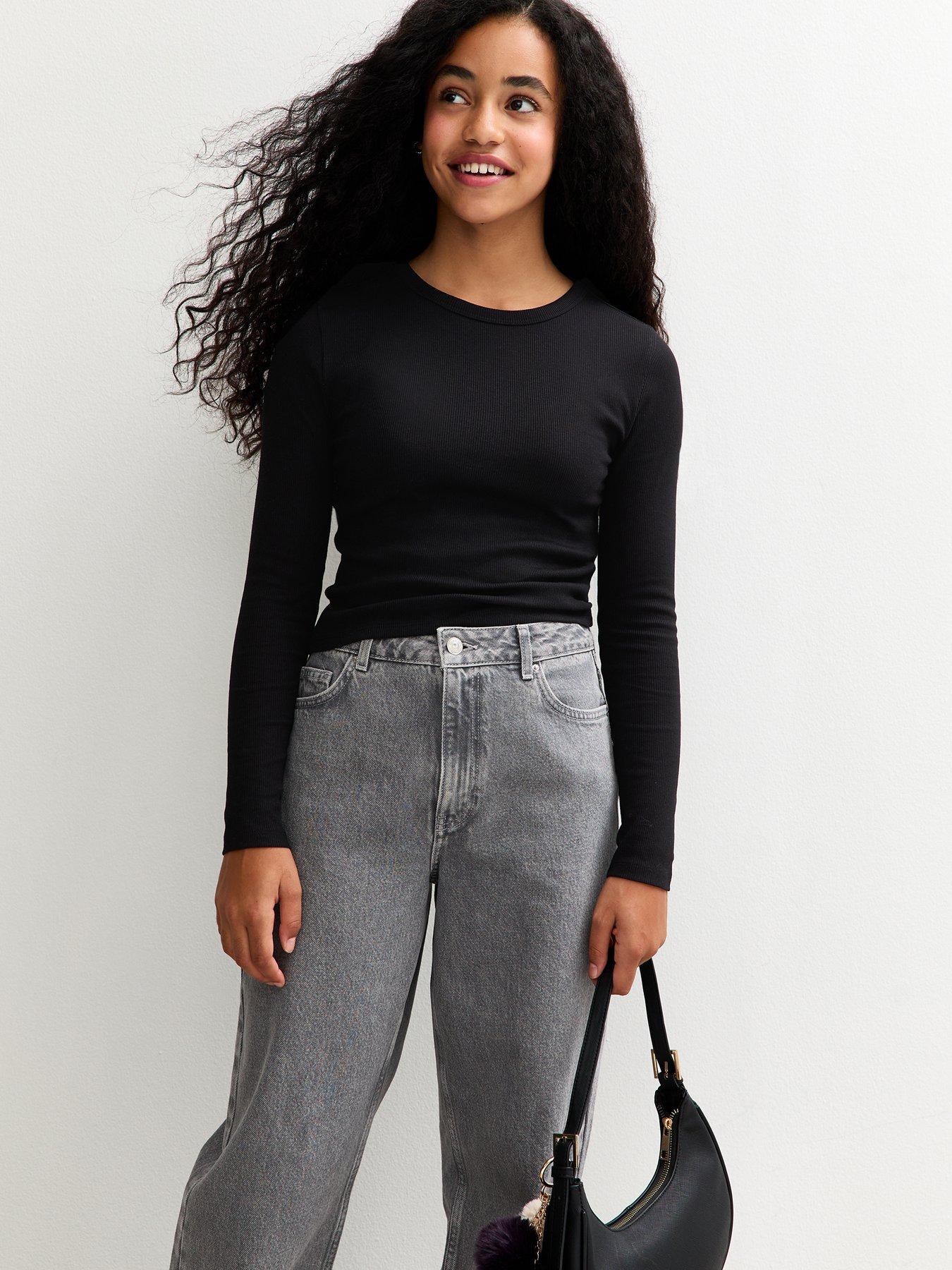 Image 1 of 5 of New Look 915 Girls&nbsp;Ribbed Baby Tee Long Sleeve Top - Black