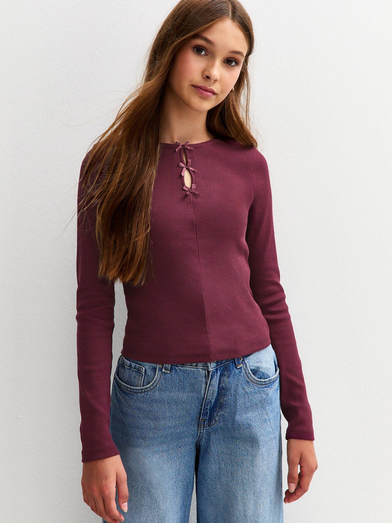 New Look 915 Girls Long Sleeve Bow Detail Ribbed Top - Dark Red