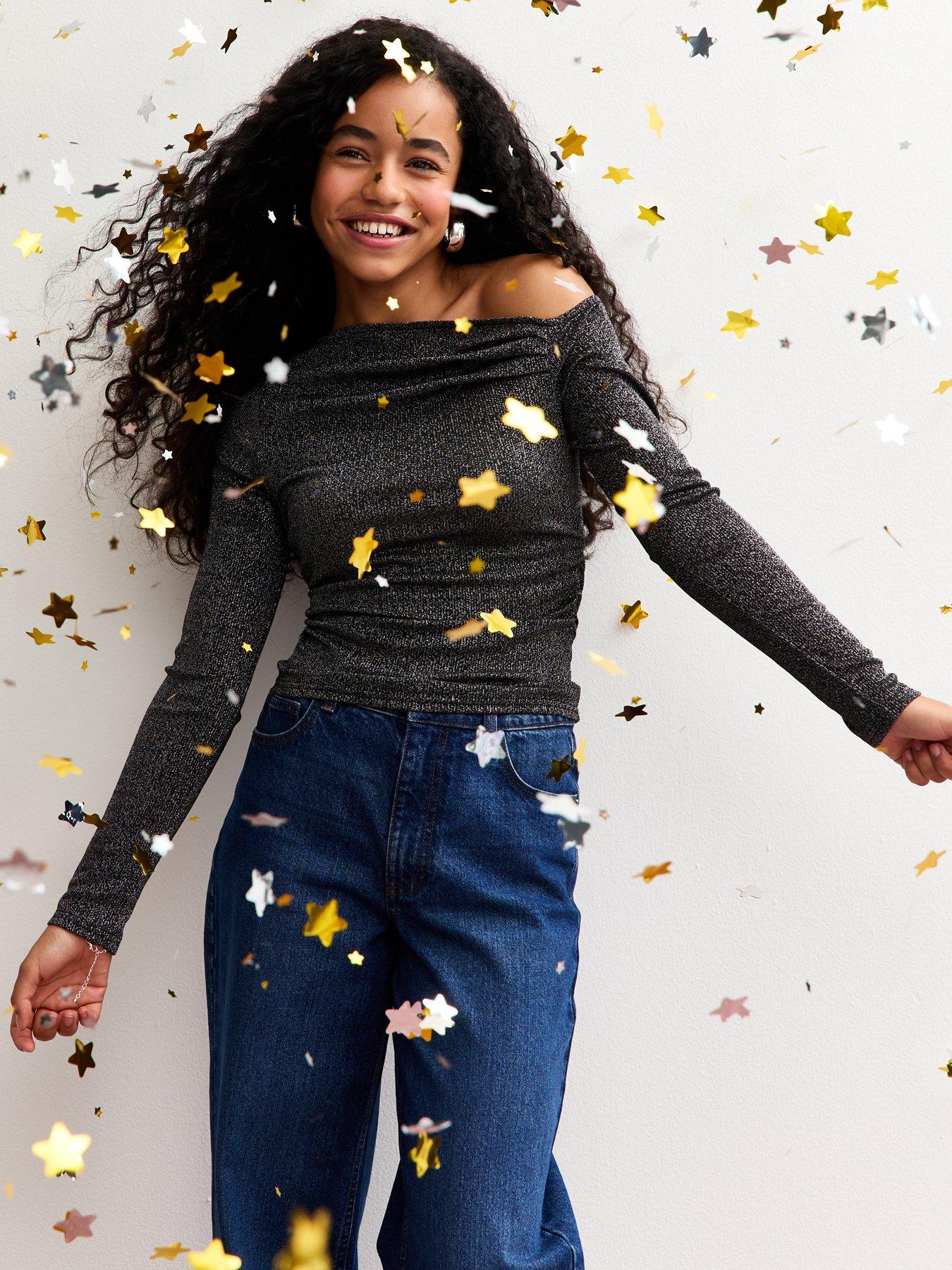 front image of new-look-915-girls-sparkle-asymmetric-long-sleeve-top-black