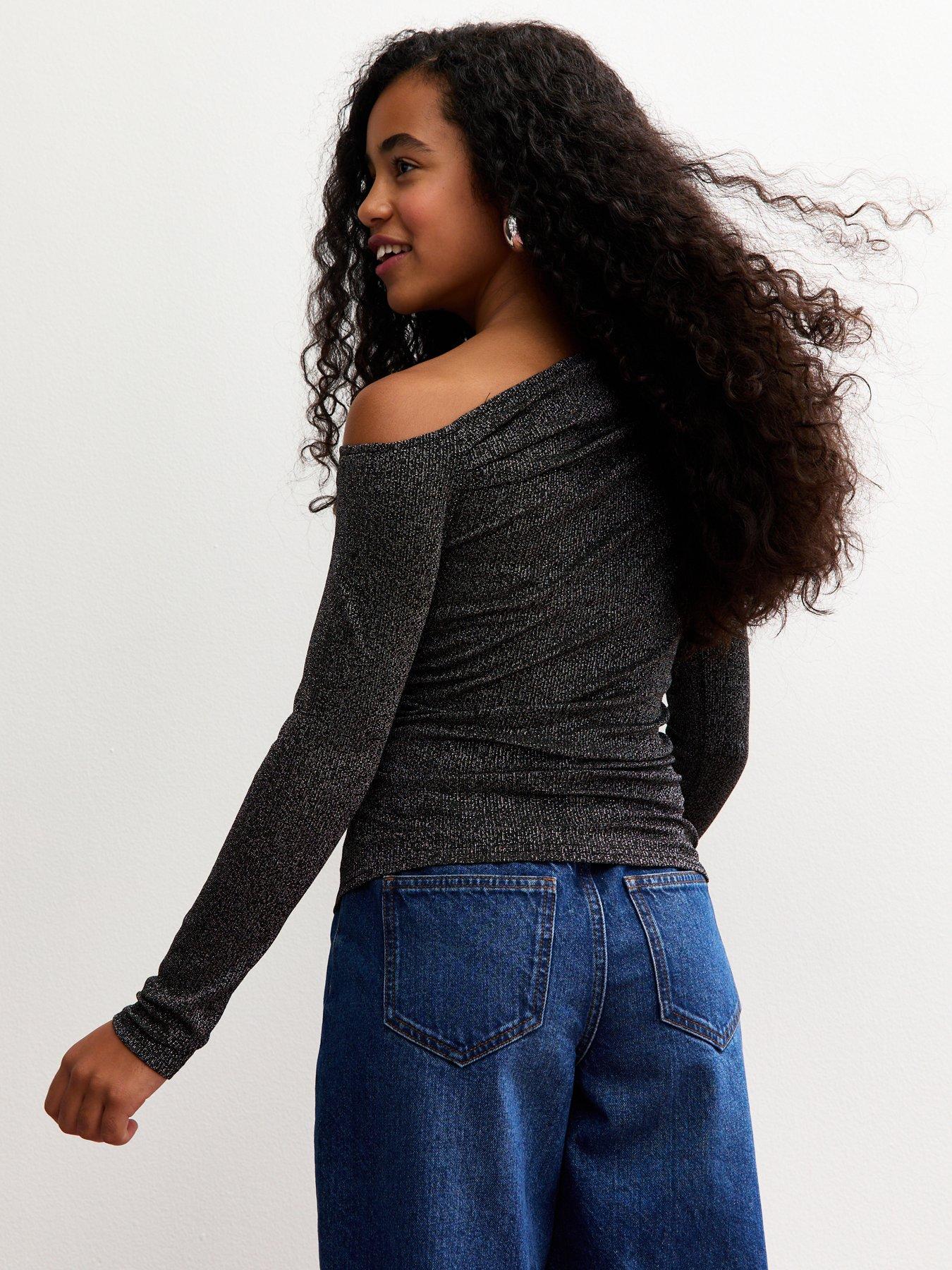 stillFront image of new-look-915-girls-sparkle-asymmetric-long-sleeve-top-black