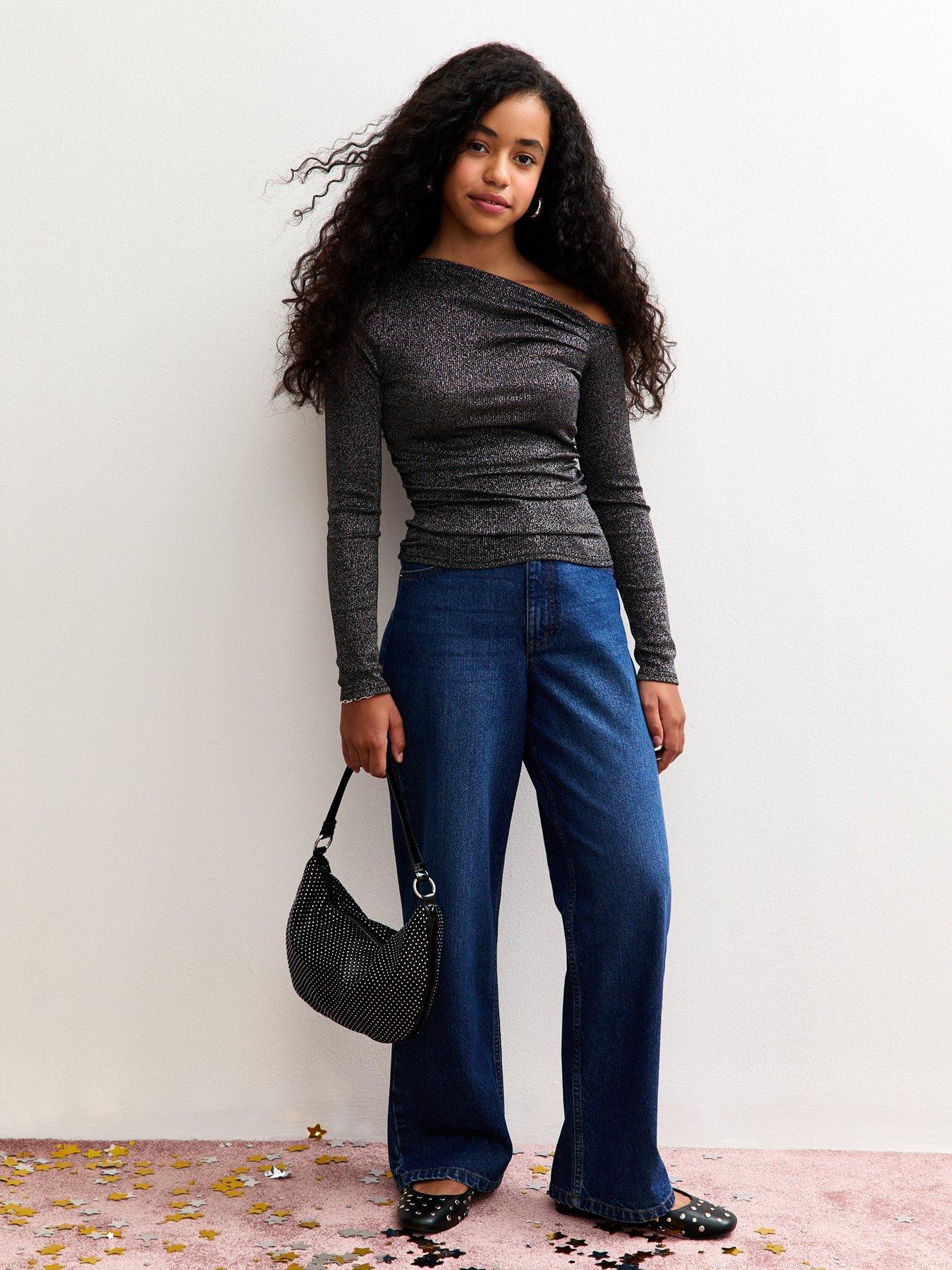  image of new-look-915-girls-sparkle-asymmetric-long-sleeve-top-black