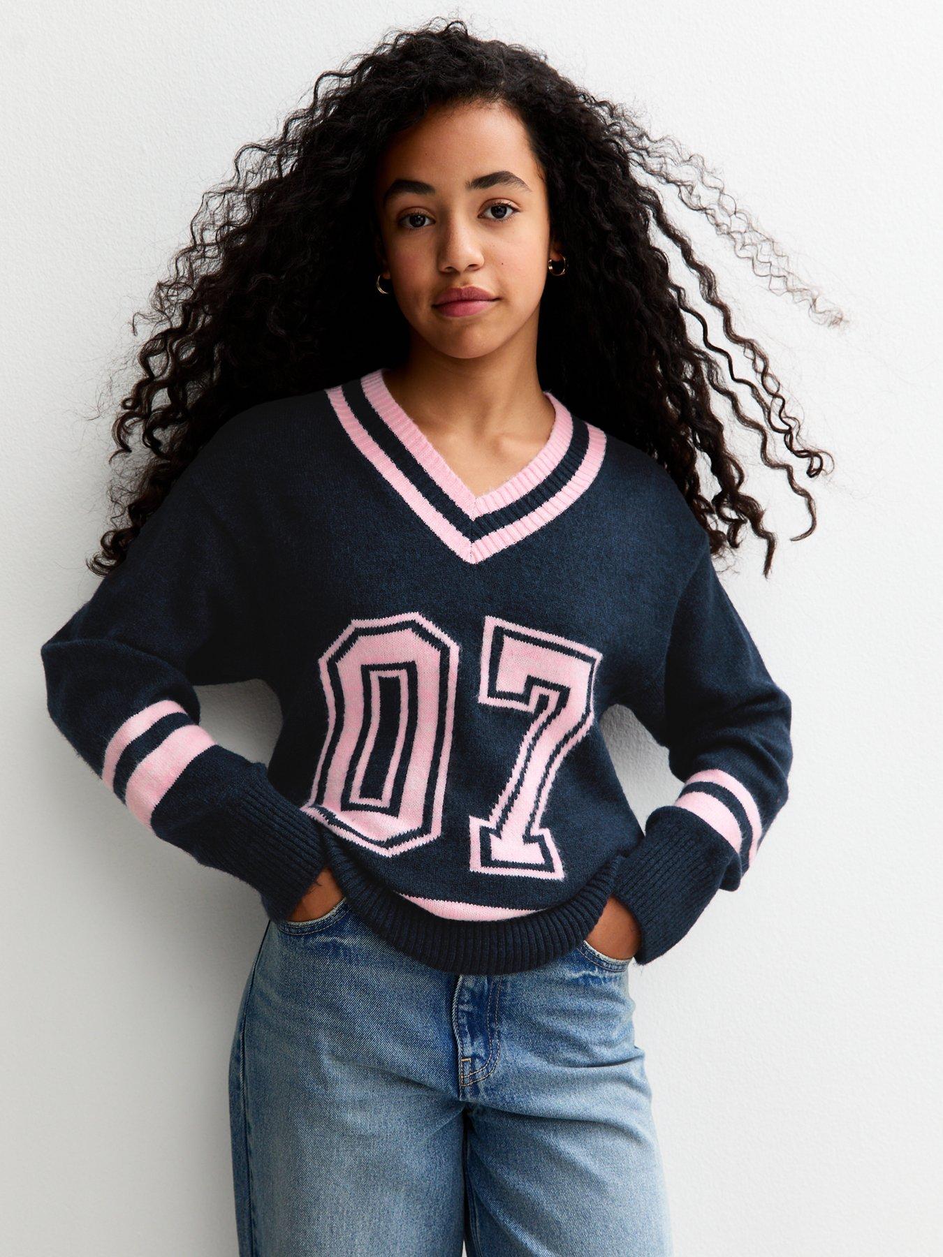undefined Girls Navy 07 Striped Football V -Neck Jumper - Grey