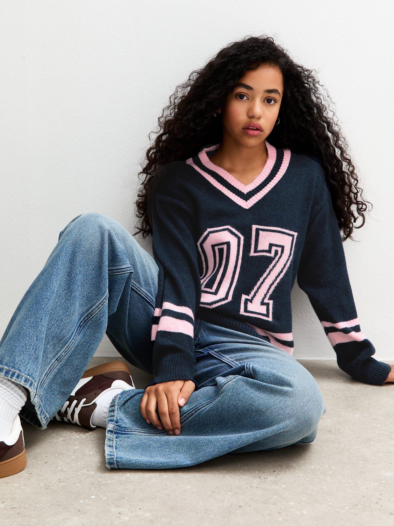 Image 3 of 5 of New Look 915 Girls Navy 07 Striped Football V -Neck Jumper - Grey