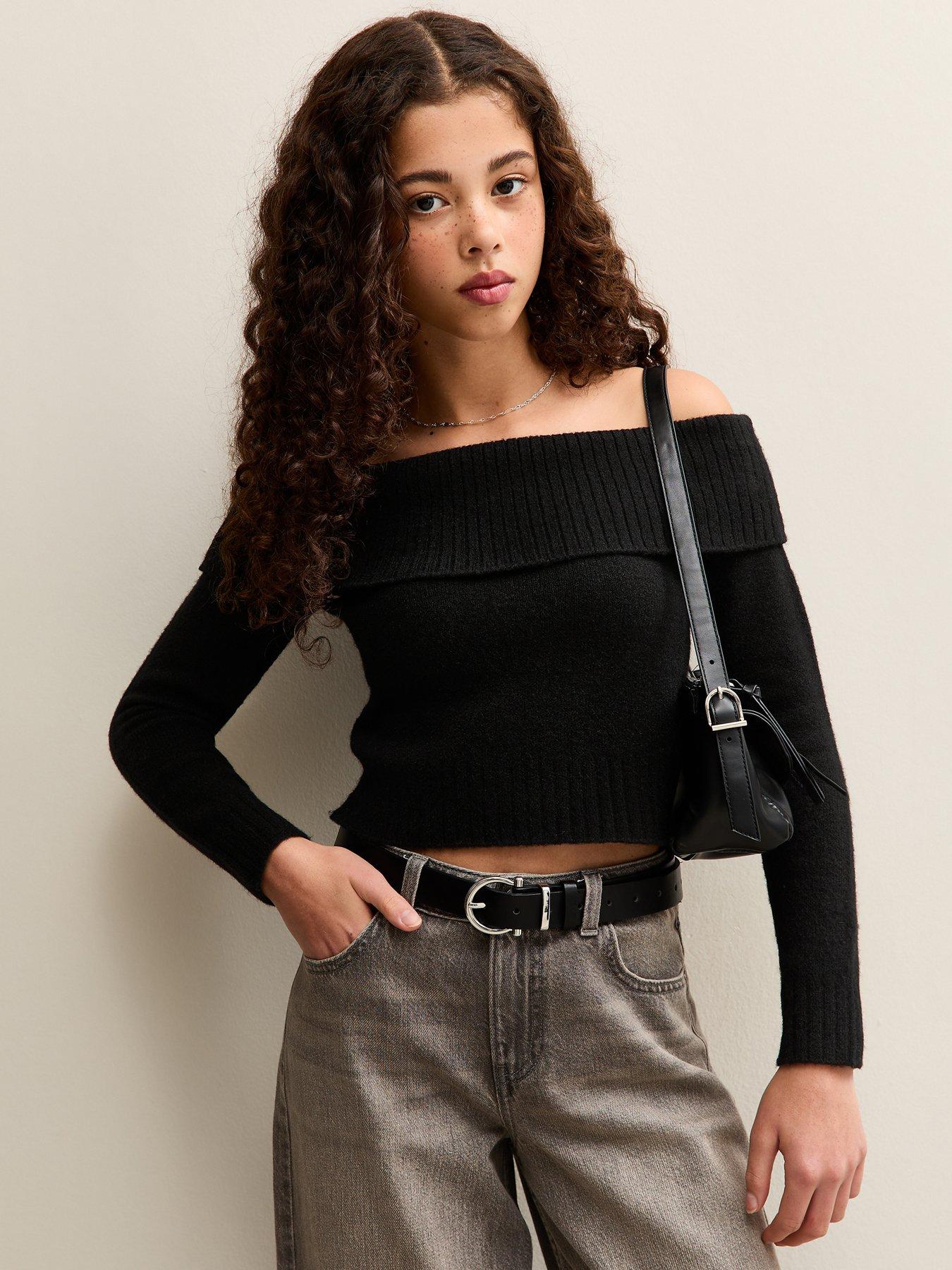 New Look 915 Girls Fold Over Bardot Knitted Jumper - Black
