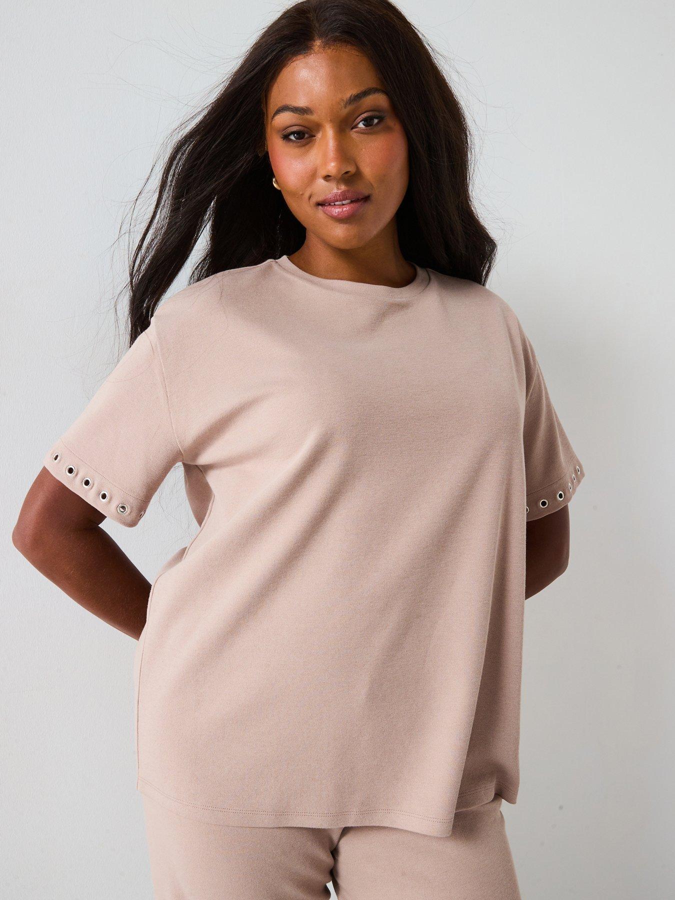 Image 1 of 6 of V by Very Curve Textured T-Shirt Co-Ord - Beige