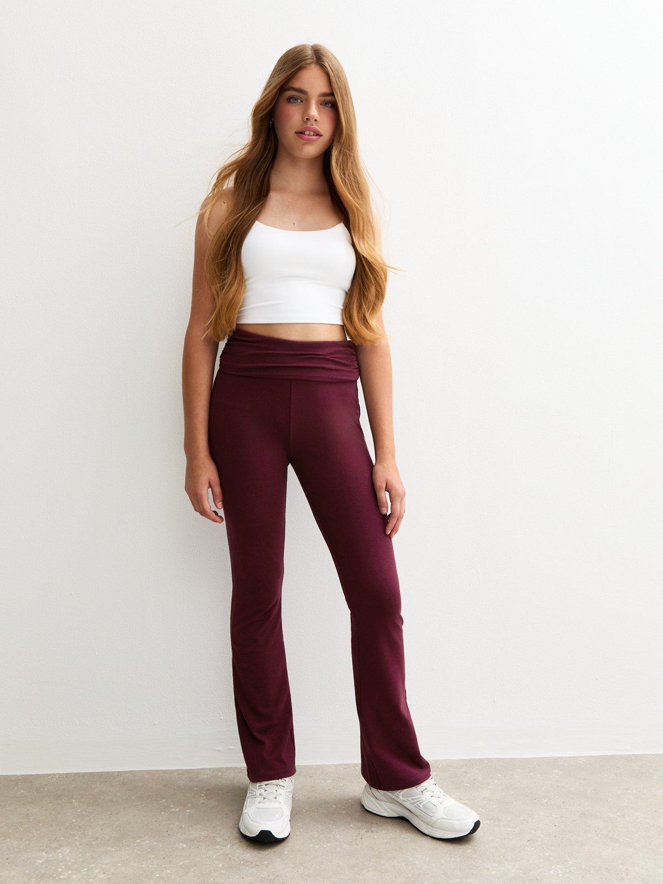 undefined Girls Dark Burgundy Folded Waist Flared Jersey Leggings - Dark Red
