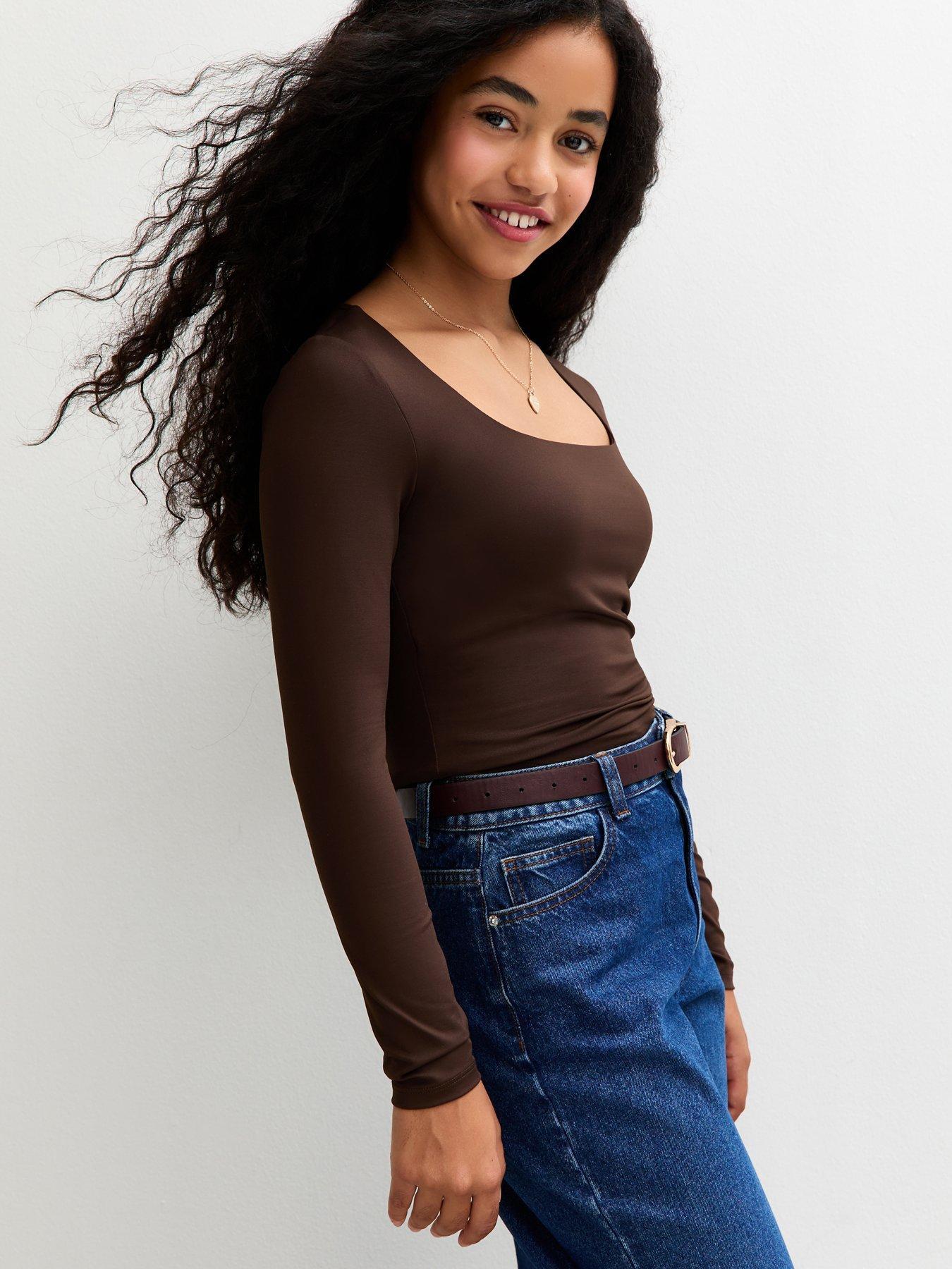 Image 1 of 4 of New Look 915 Girls Long Sleeve Square Neck Top - Dark Brown