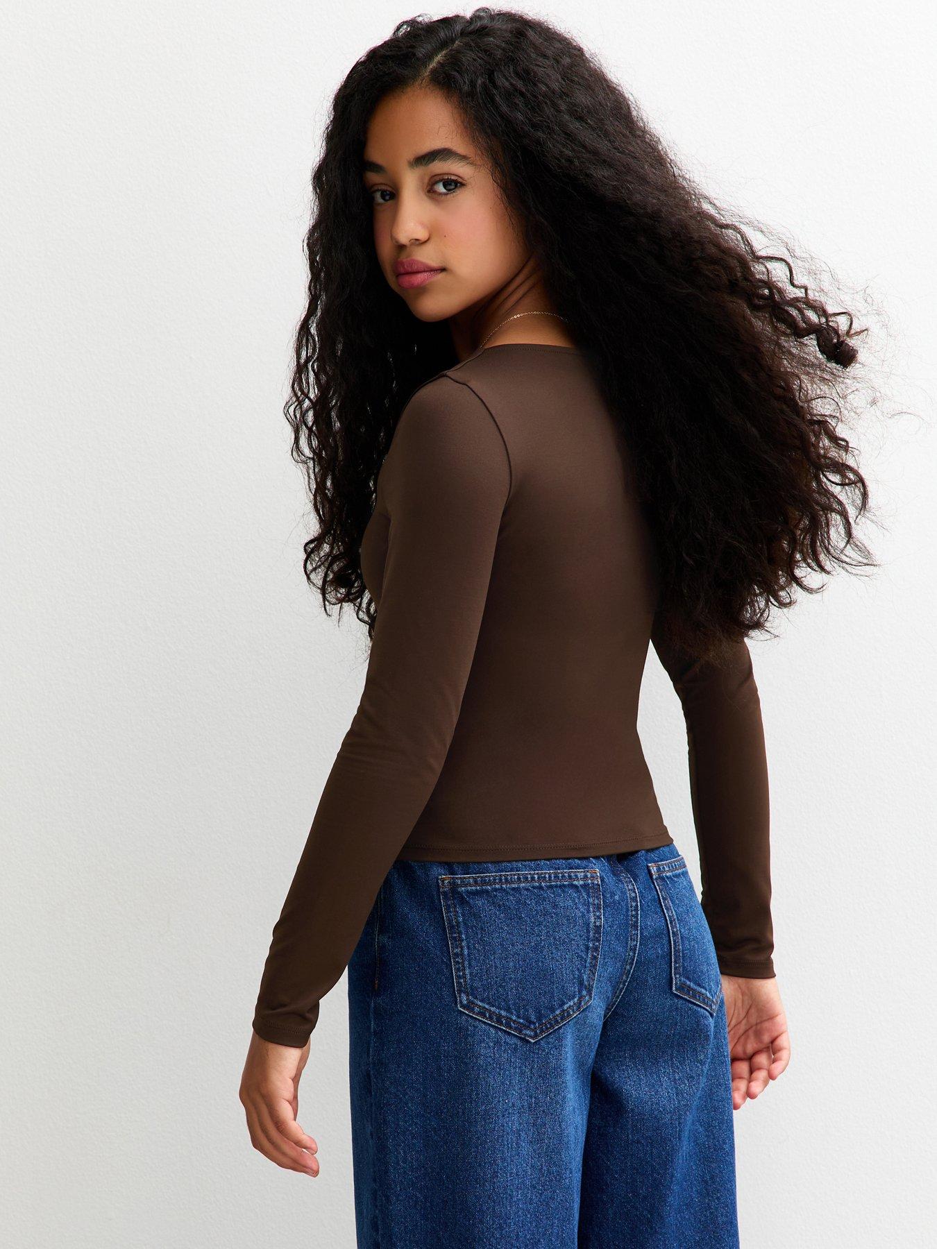 Image 2 of 4 of New Look 915 Girls Long Sleeve Square Neck Top - Dark Brown