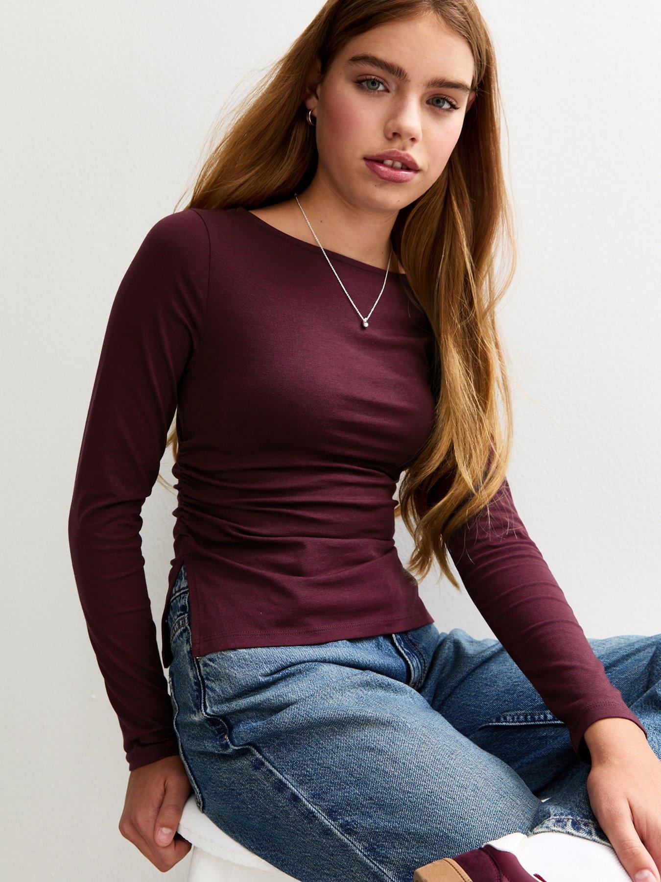  image of new-look-915-girlsnbsplong-sleeve-ruched-side-slit-top-dark-burgundy
