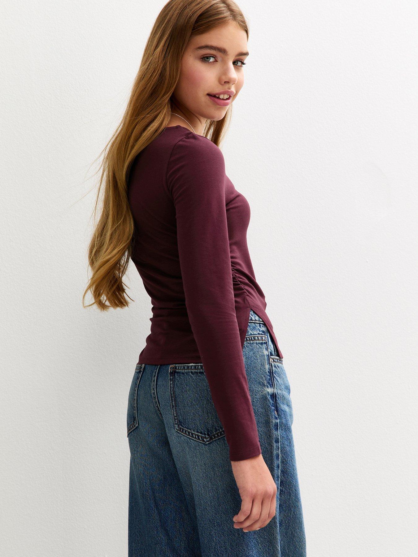  image of new-look-915-girlsnbsplong-sleeve-ruched-side-slit-top-dark-burgundy