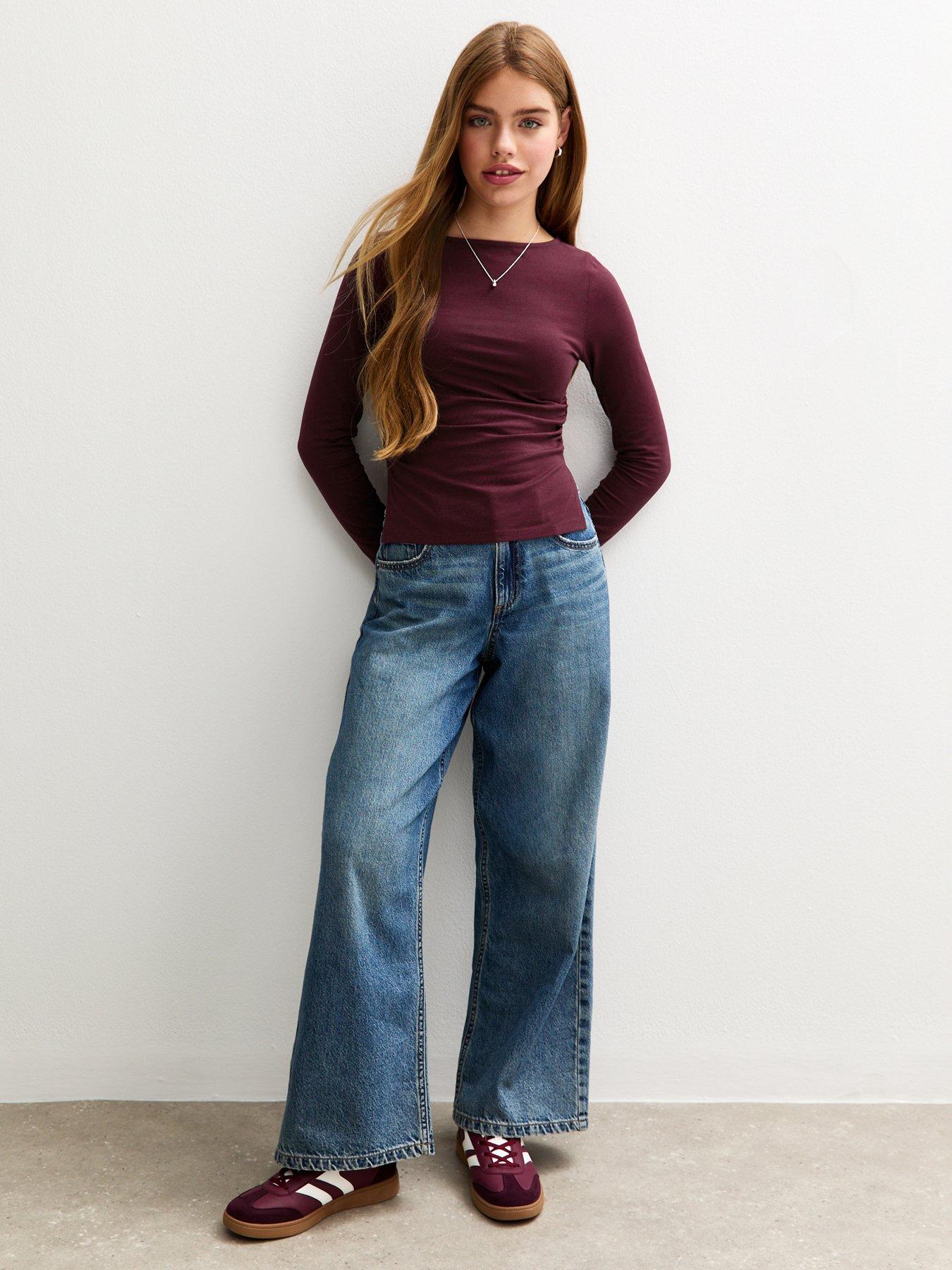  image of new-look-915-girlsnbsplong-sleeve-ruched-side-slit-top-dark-burgundy