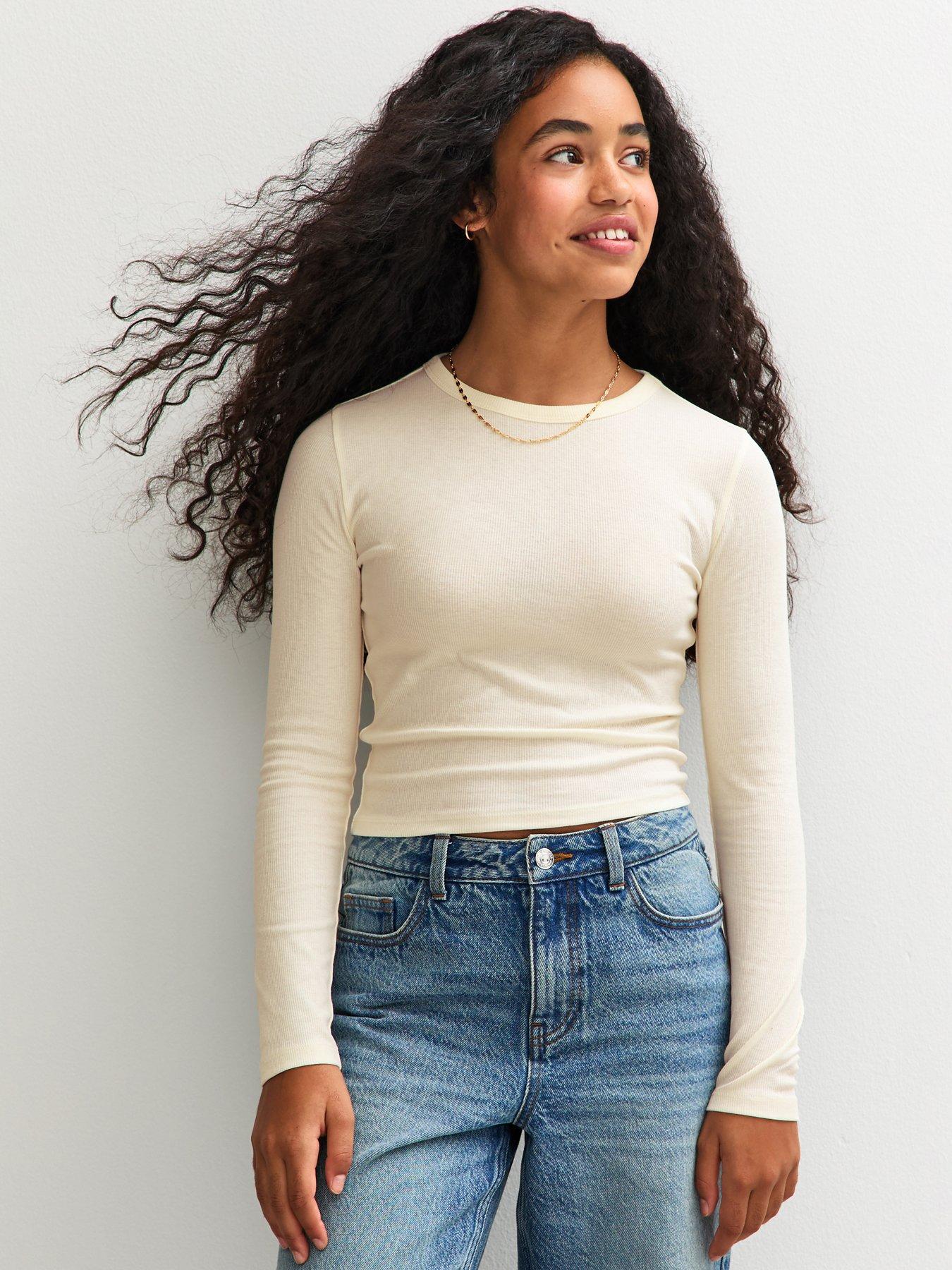 New Look 915 Girls Ribbed Baby Tee Long Sleeve Top - Off White