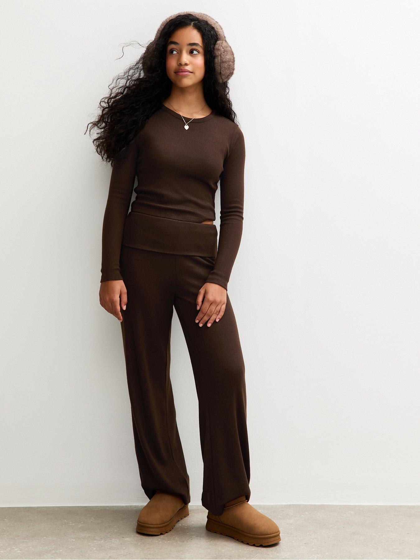 New Look 915 Girls Brown Soft Touch Wide Leg Trousers - Dark Brown