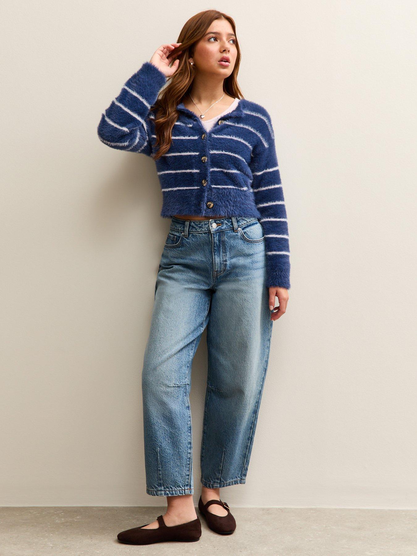  image of new-look-915-girls-fluffy-striped-cardigan-blue