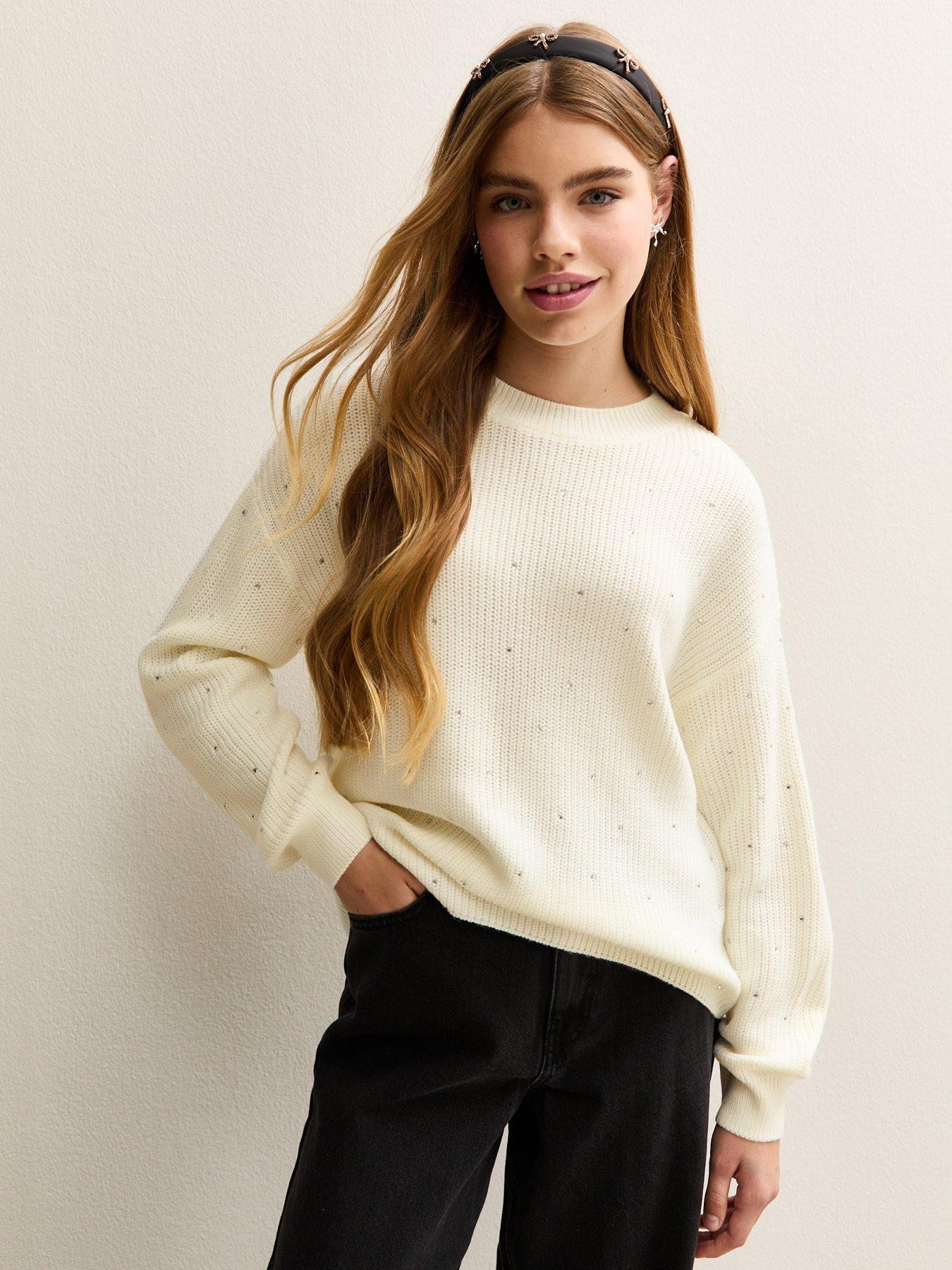 front image of new-look-915-girls-diamante-embellished-jumper-off-white