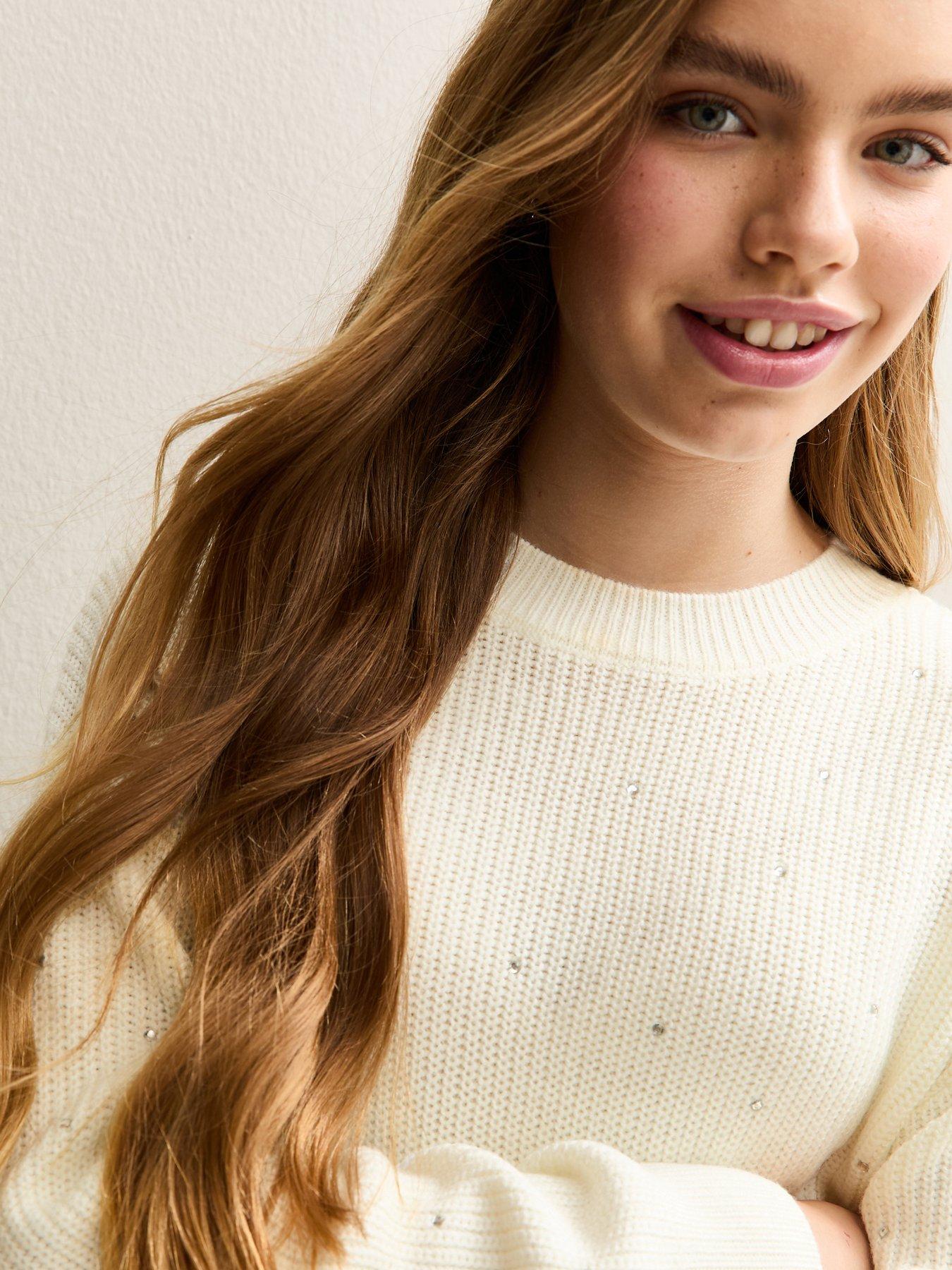  image of new-look-915-girls-diamante-embellished-jumper-off-white
