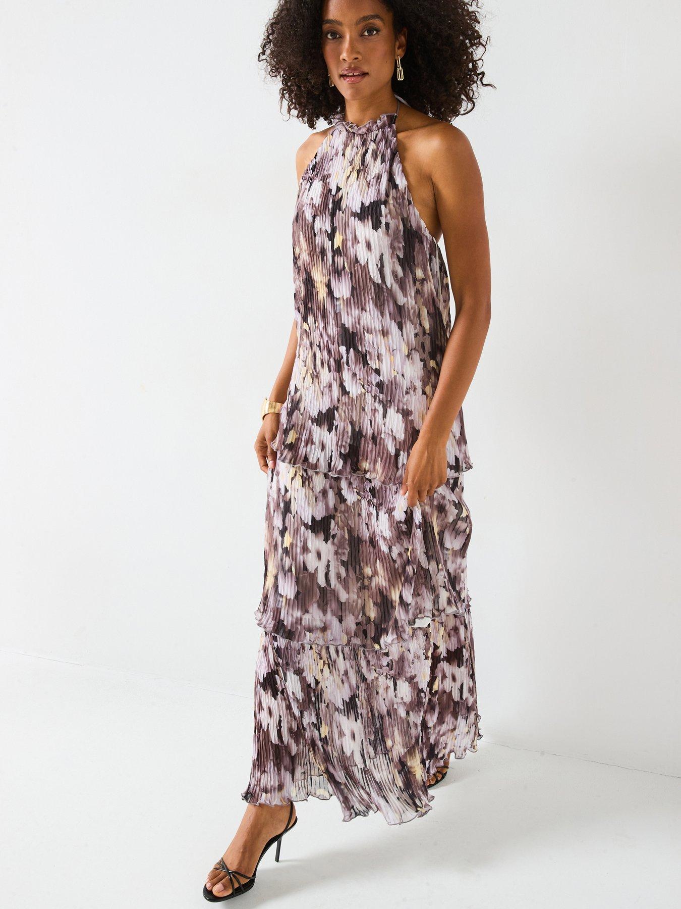 undefined Pleated Tiered Printed Halter Maxi Dress - Print