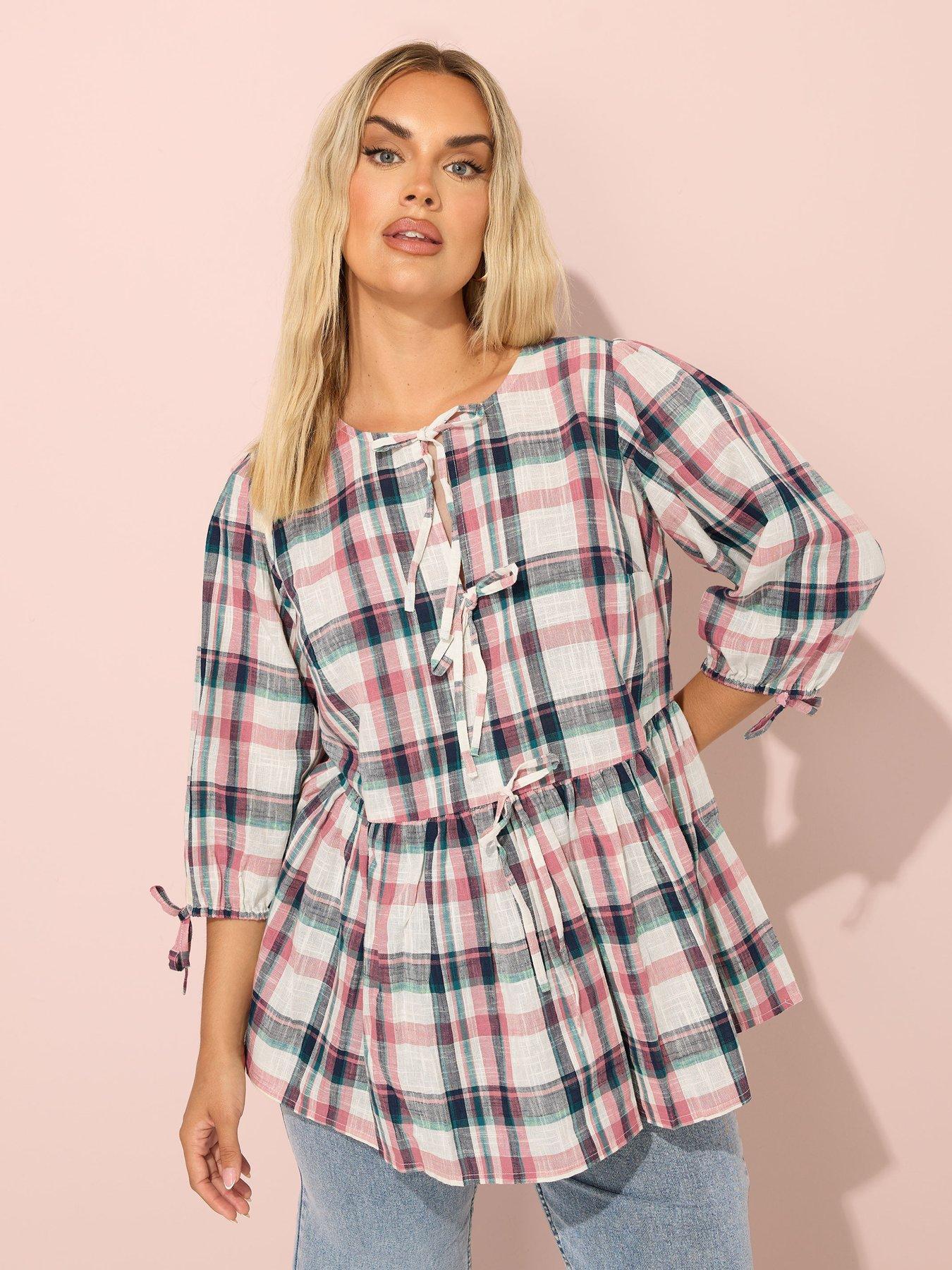 undefined Curve Short Sleeve Check Tie Front Top - Natural