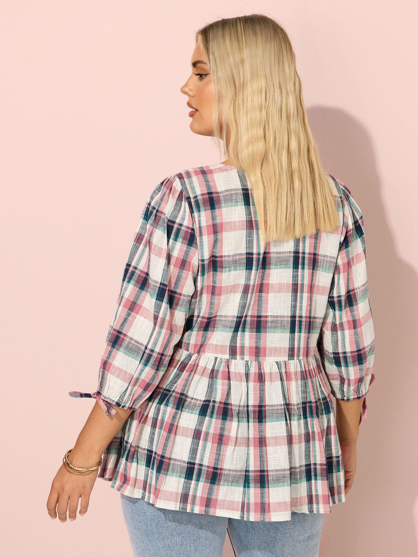 Image 2 of 4 of Yours Curve Short Sleeve Check Tie Front Top - Natural