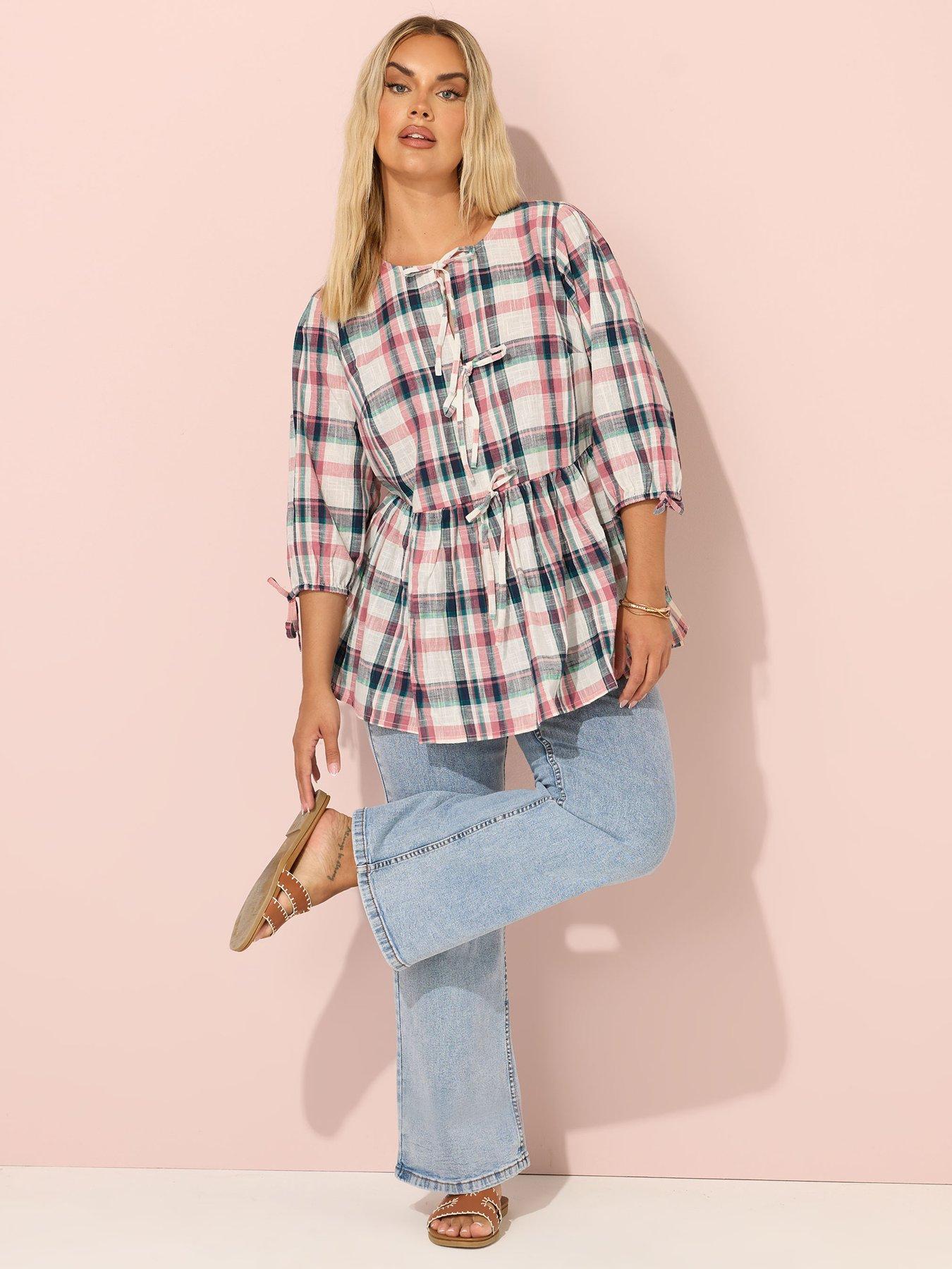 Image 3 of 4 of Yours Curve Short Sleeve Check Tie Front Top - Natural