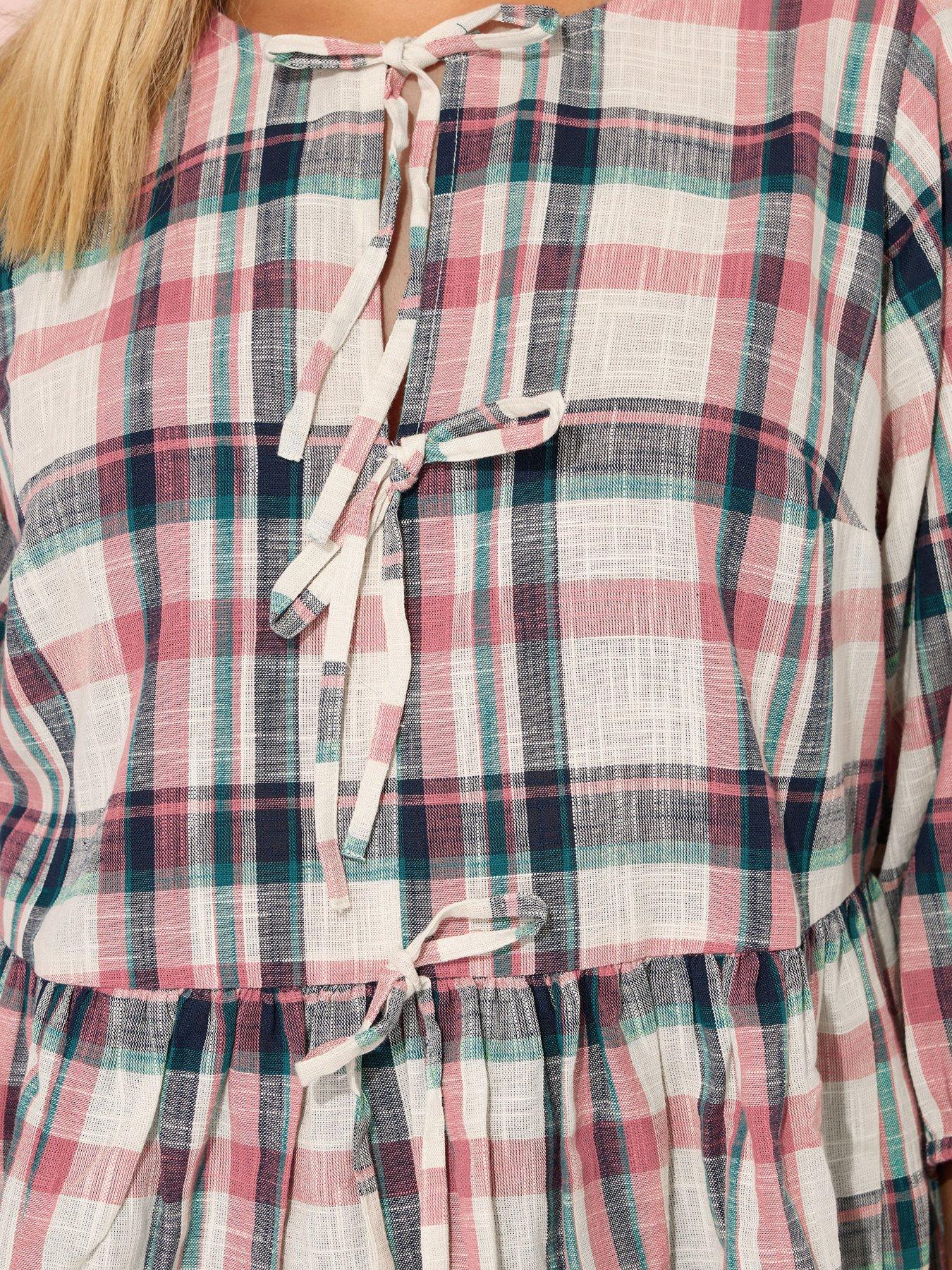 Image 4 of 4 of Yours Curve Short Sleeve Check Tie Front Top - Natural