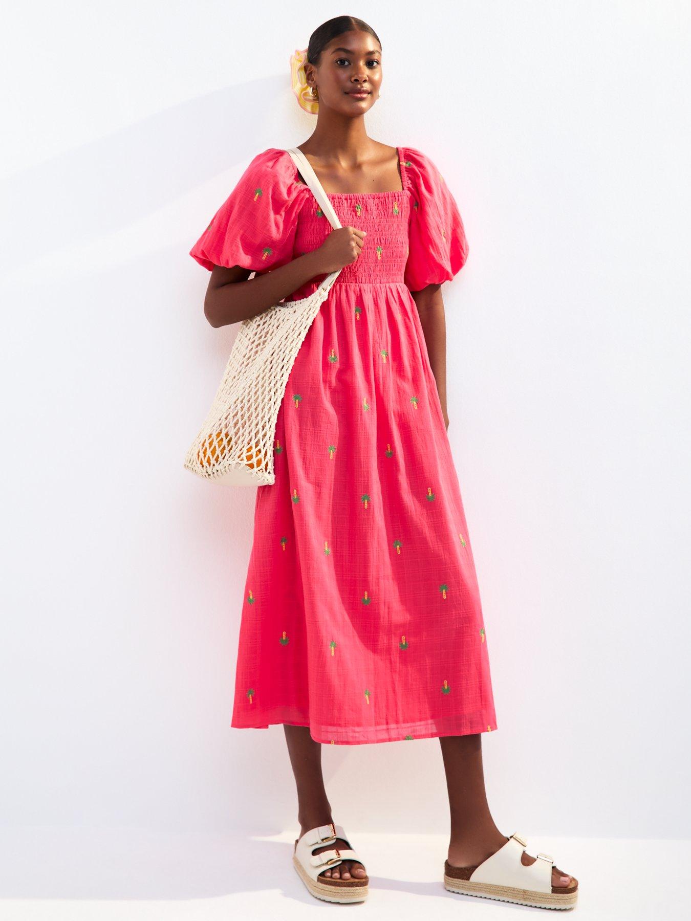Image 1 of 4 of New Look Pink Palm Embroidered Shirred Midi Dress