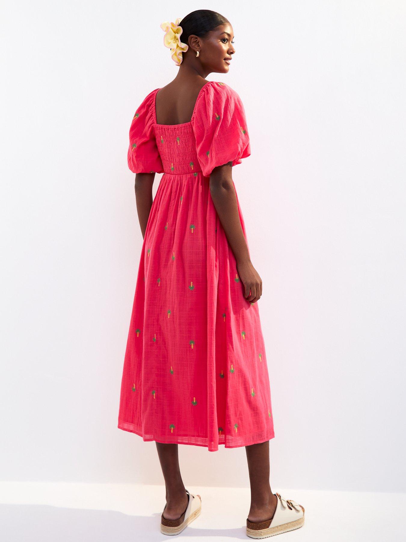 Image 2 of 4 of New Look Pink Palm Embroidered Shirred Midi Dress