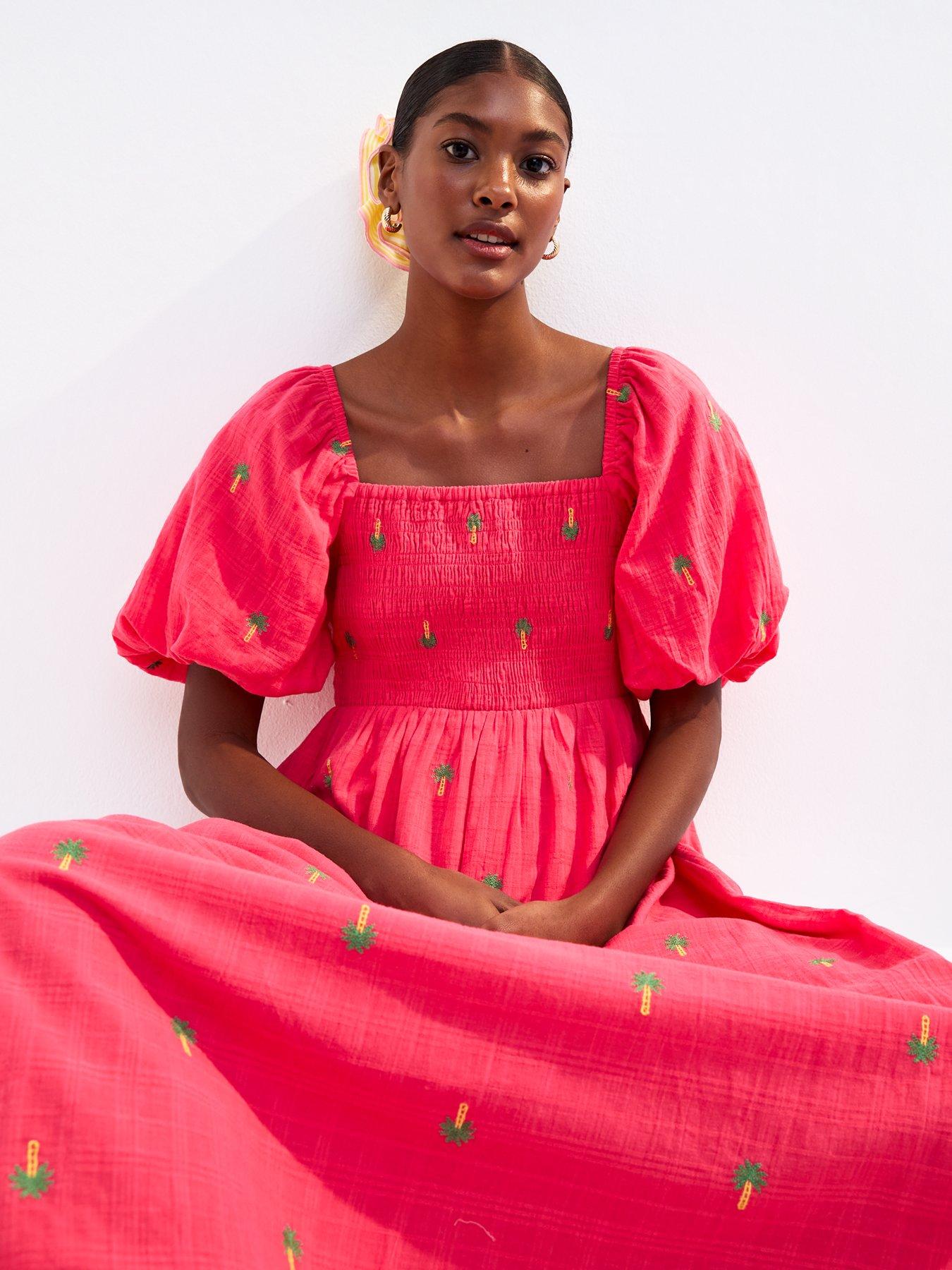 Image 3 of 4 of New Look Pink Palm Embroidered Shirred Midi Dress