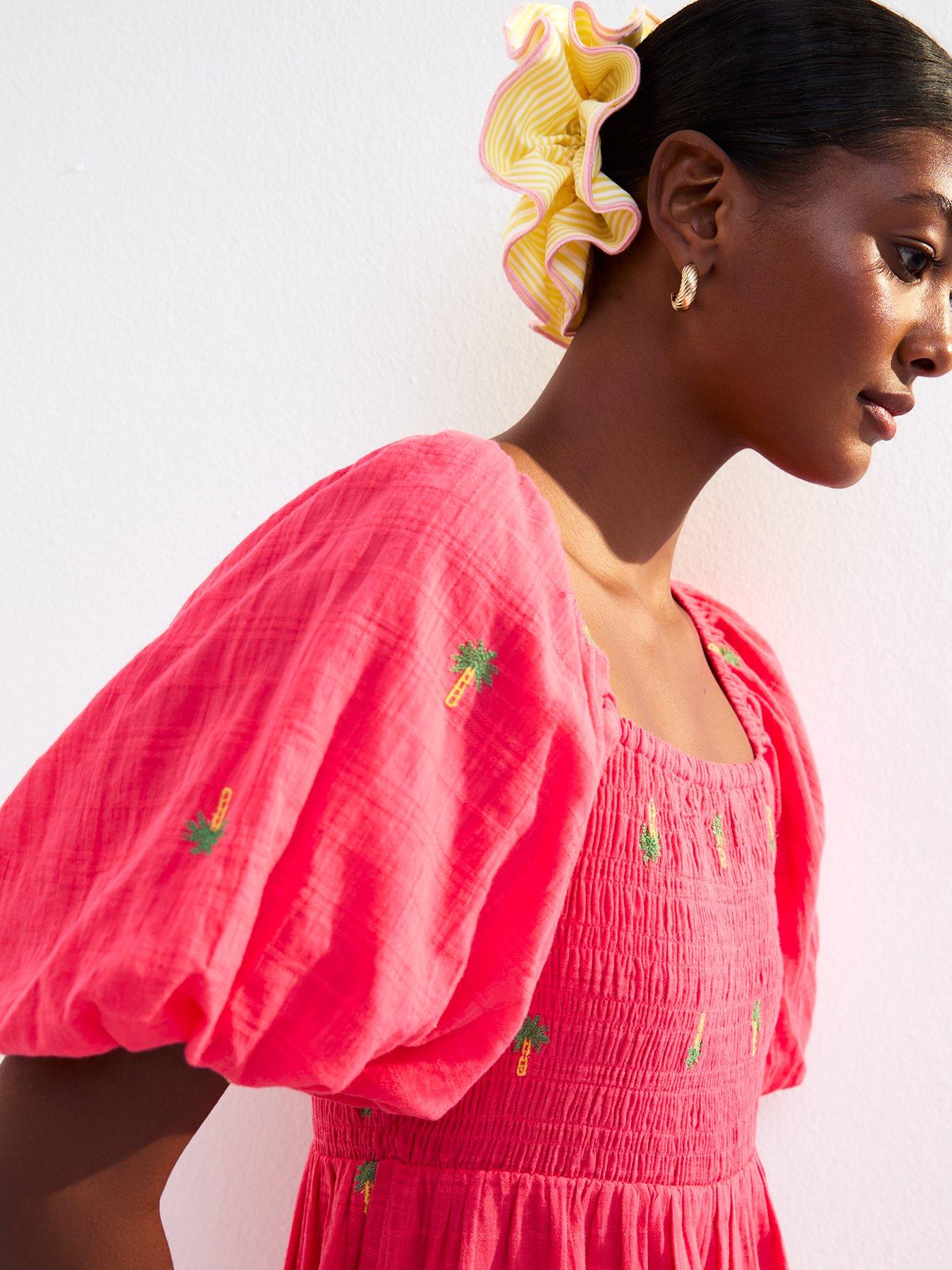 Image 4 of 4 of New Look Pink Palm Embroidered Shirred Midi Dress