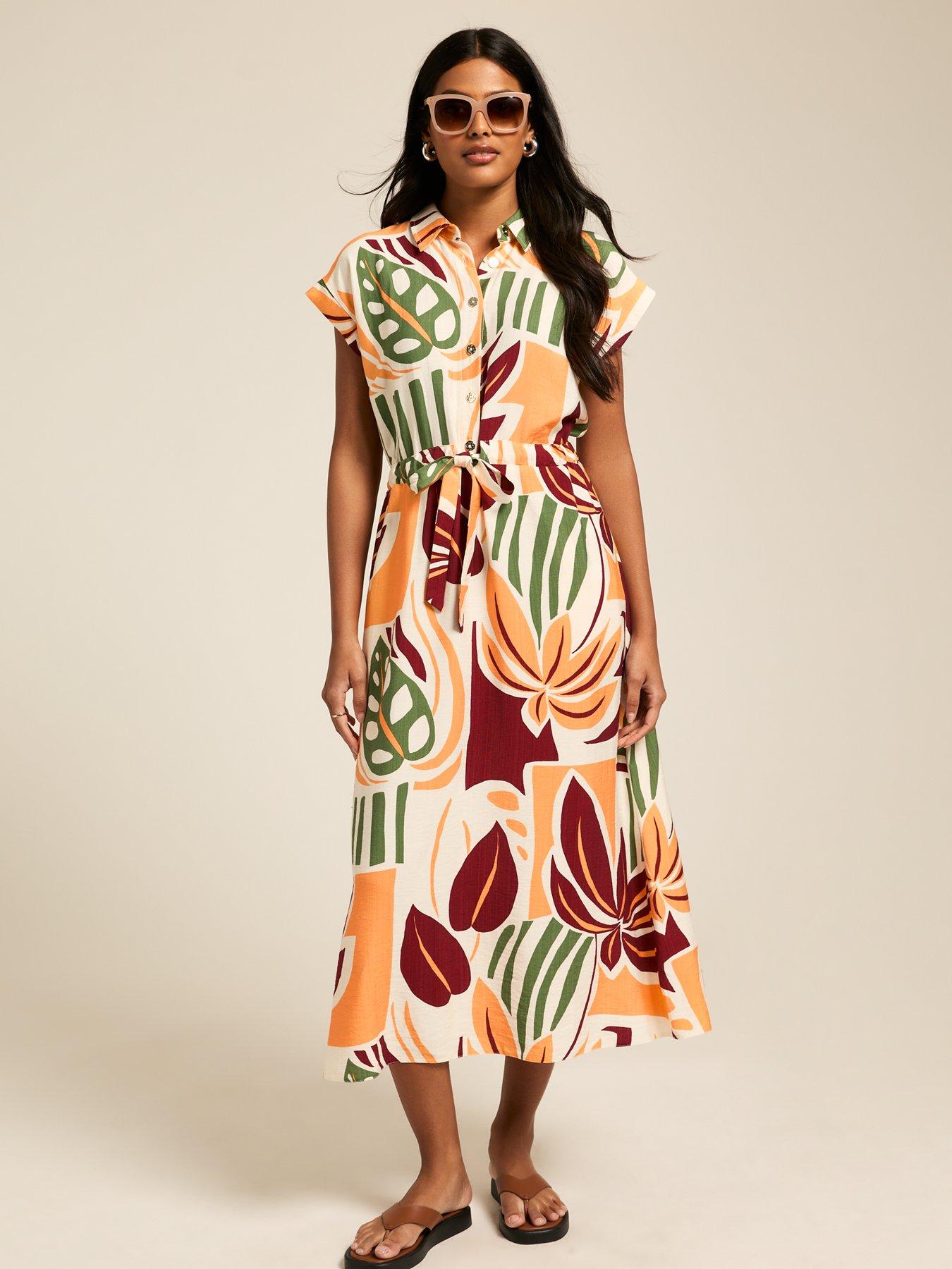 undefined Orange Palm Tree Print Midi Shirt Dress