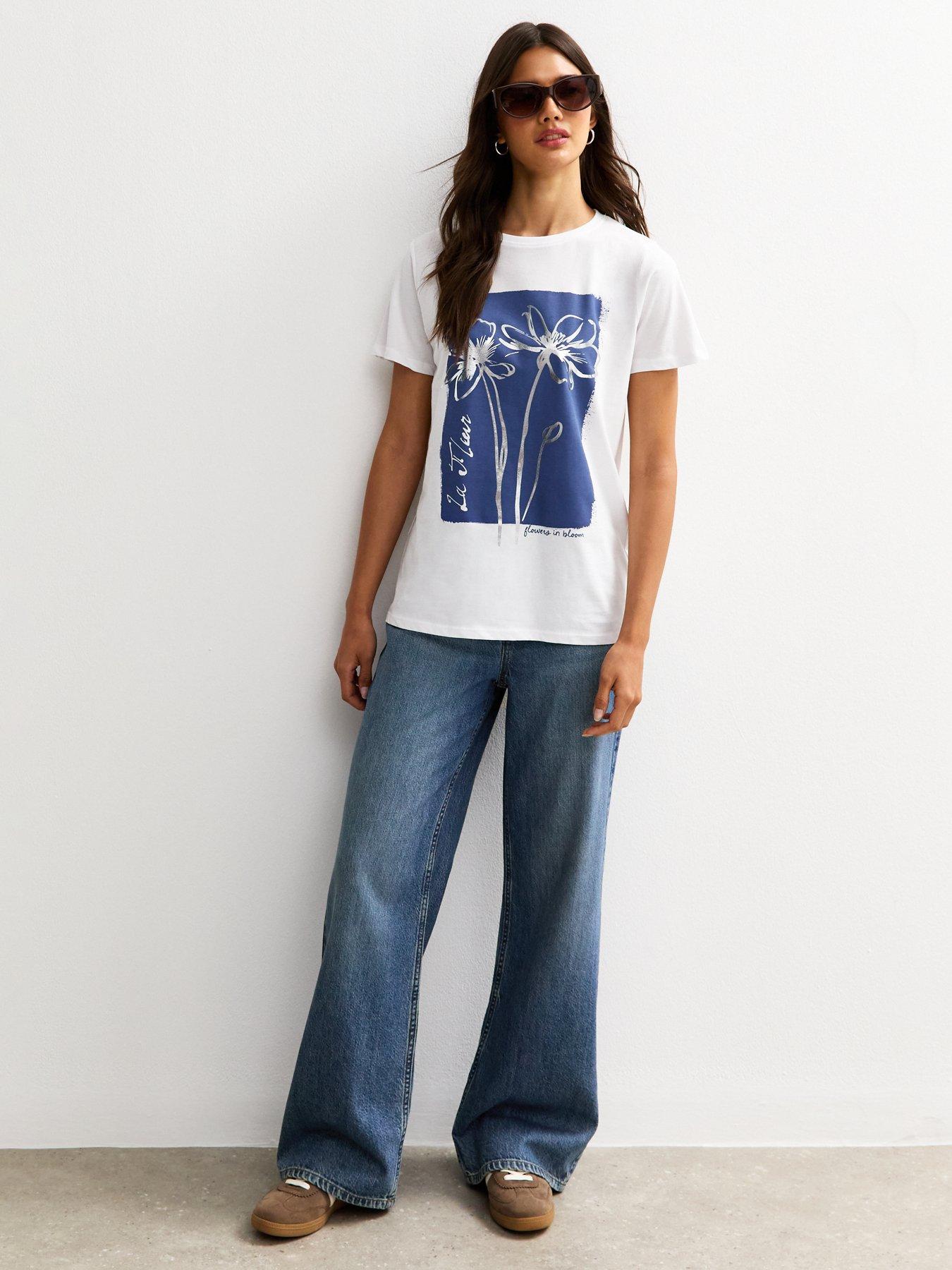  image of new-look-foiled-flower-print-t-shirt-white