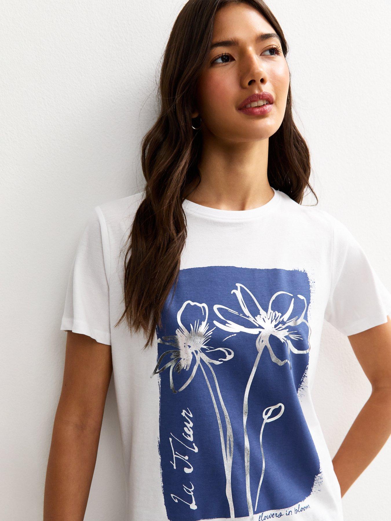  image of new-look-foiled-flower-print-t-shirt-white