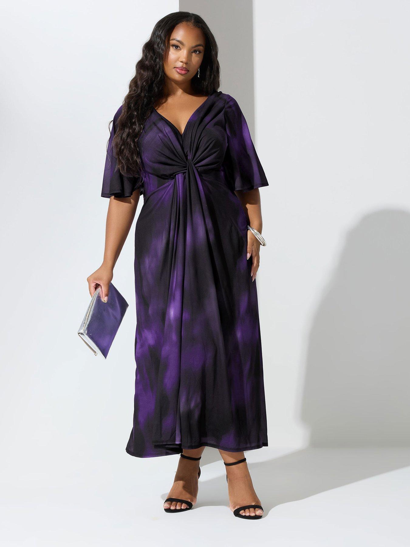 undefined Curve Abstract Kont Front Angel Sleeve Dress - Purple