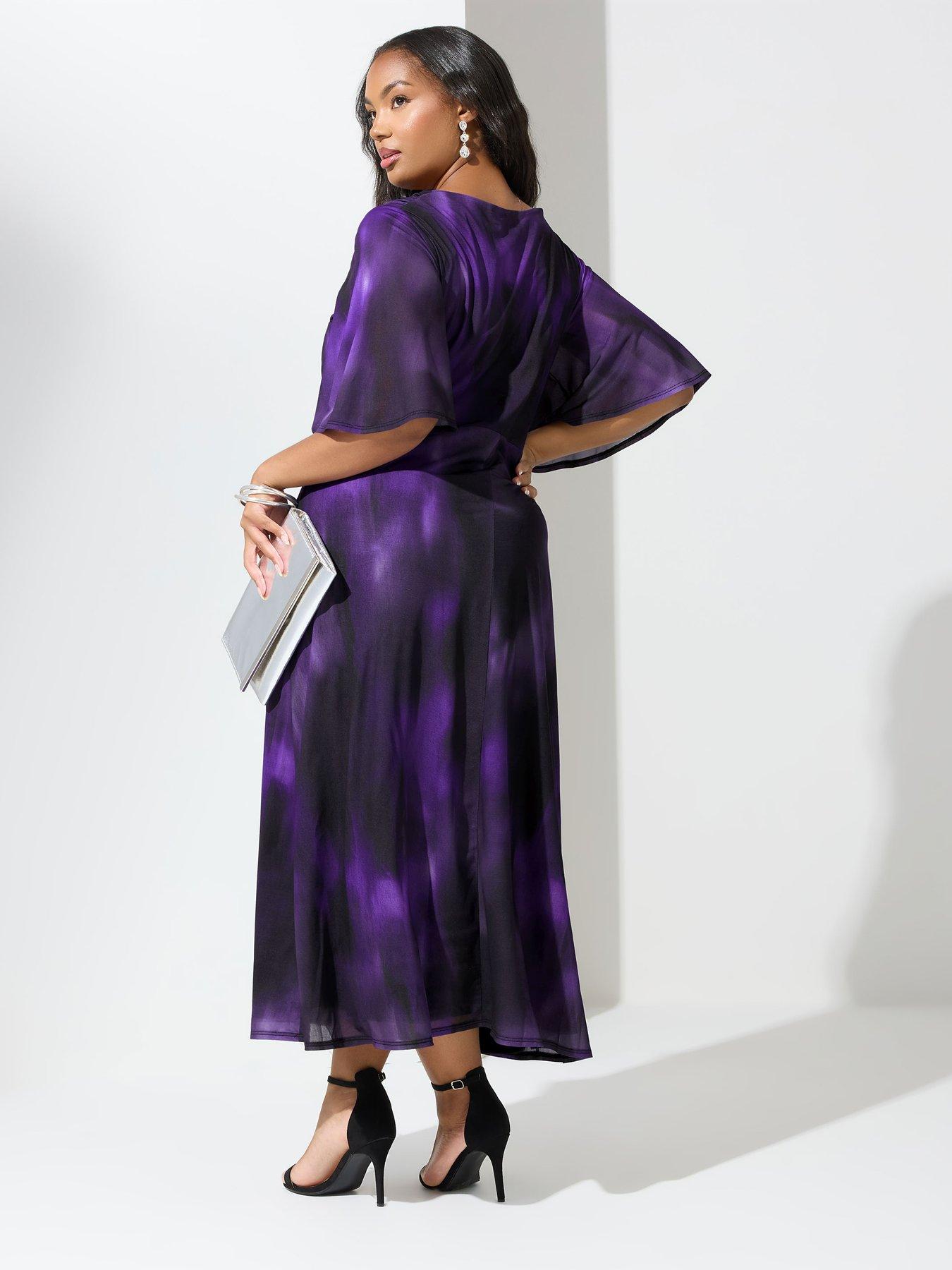 Image 2 of 4 of Yours Curve Abstract Kont Front Angel Sleeve Dress - Purple