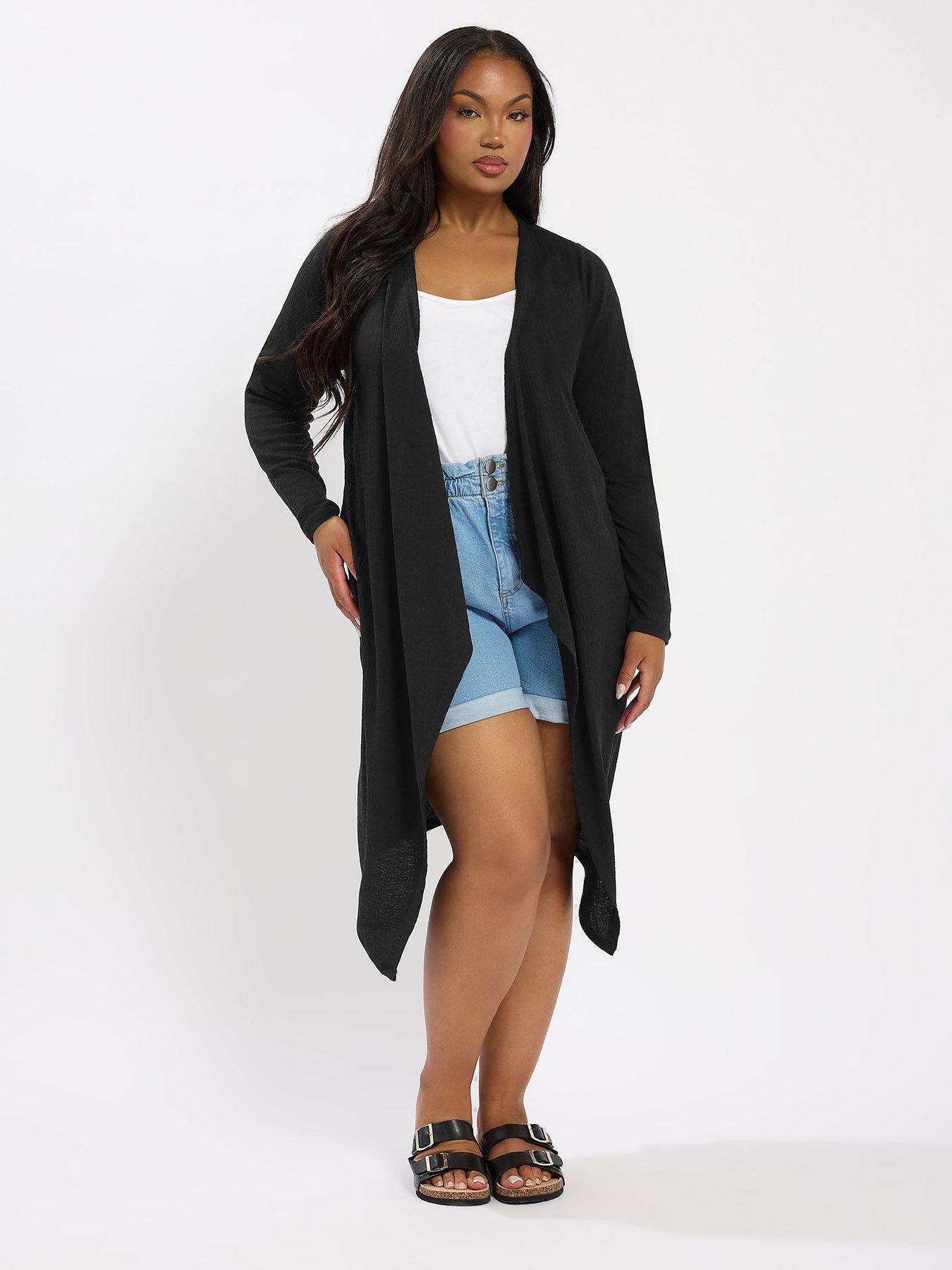 undefined Curve Textured Waterfall Midaxi Cardigan - Black