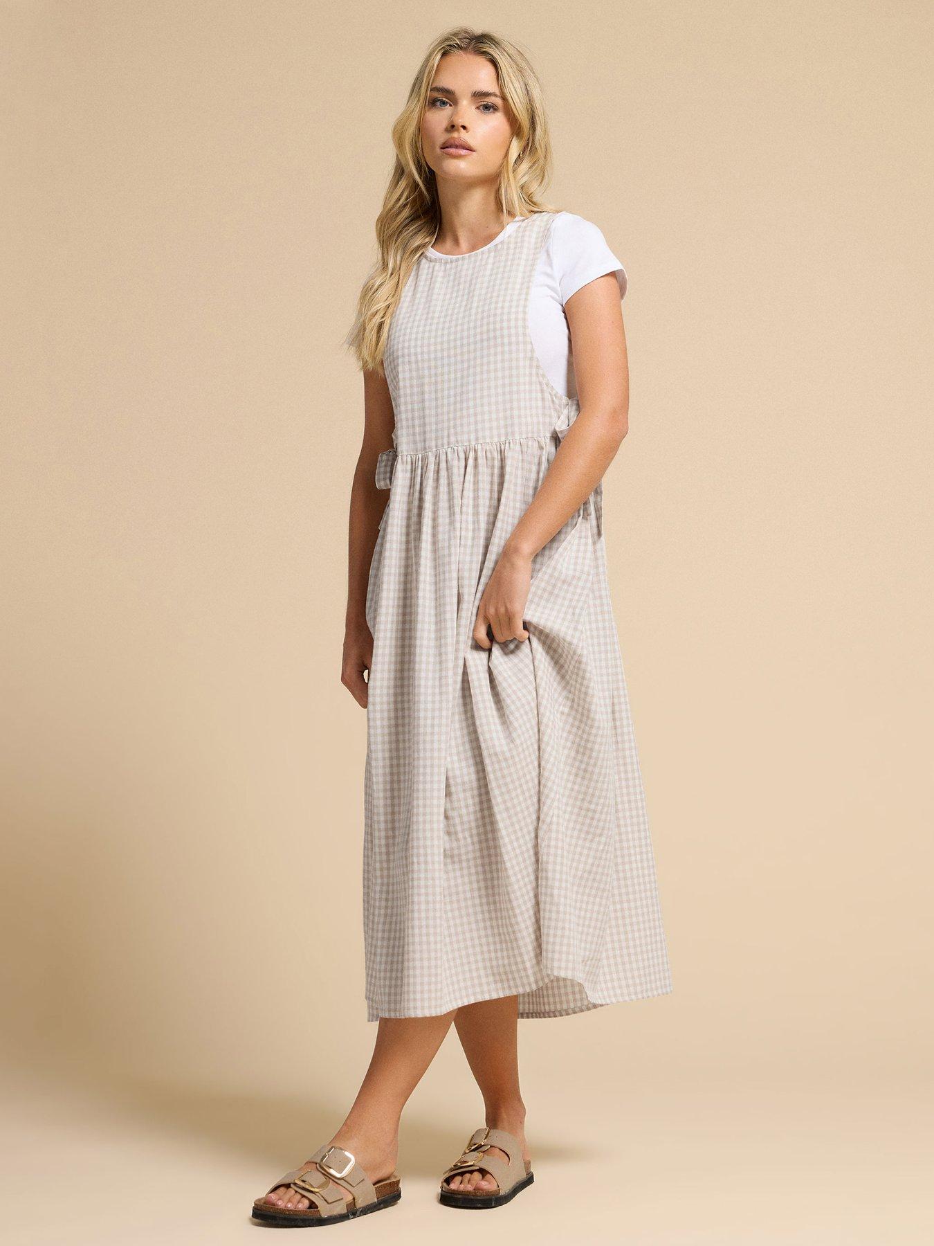 undefined Petite Gingham Tie Pinafore Dress - Natural