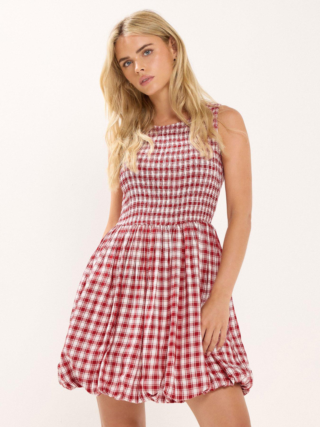undefined Petite Check Shirred Puffball Mini Dress