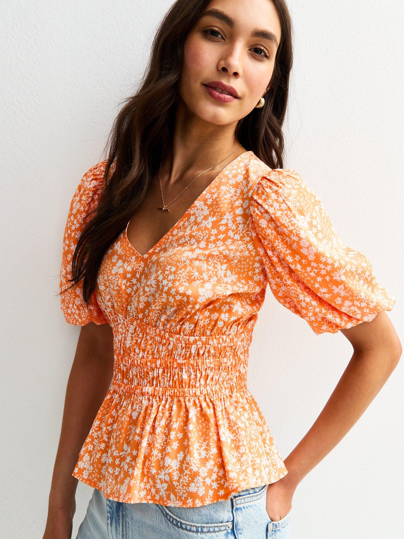 undefined Floral Shirred Waist Blouse - Orange