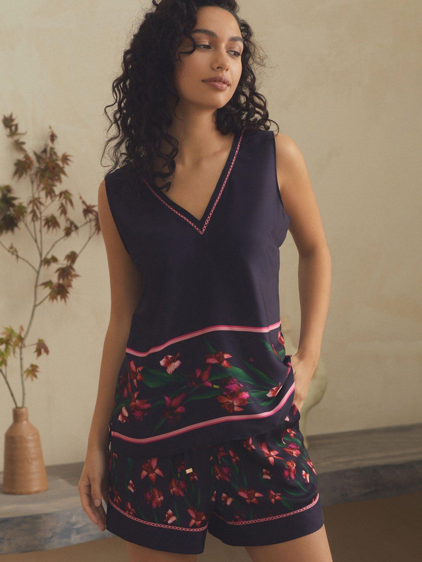 undefined Satin Floral Vest Pyjama Set - Navy