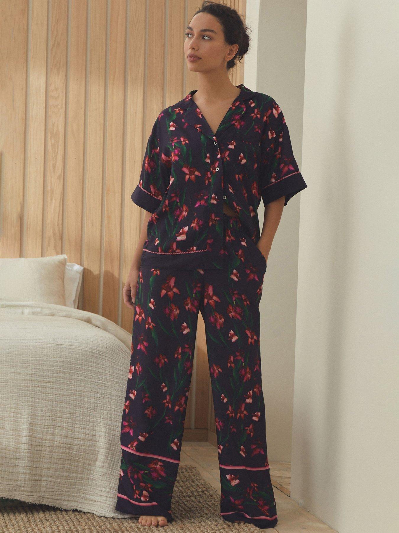 undefined Floral Satin Pyjama Set - Navy