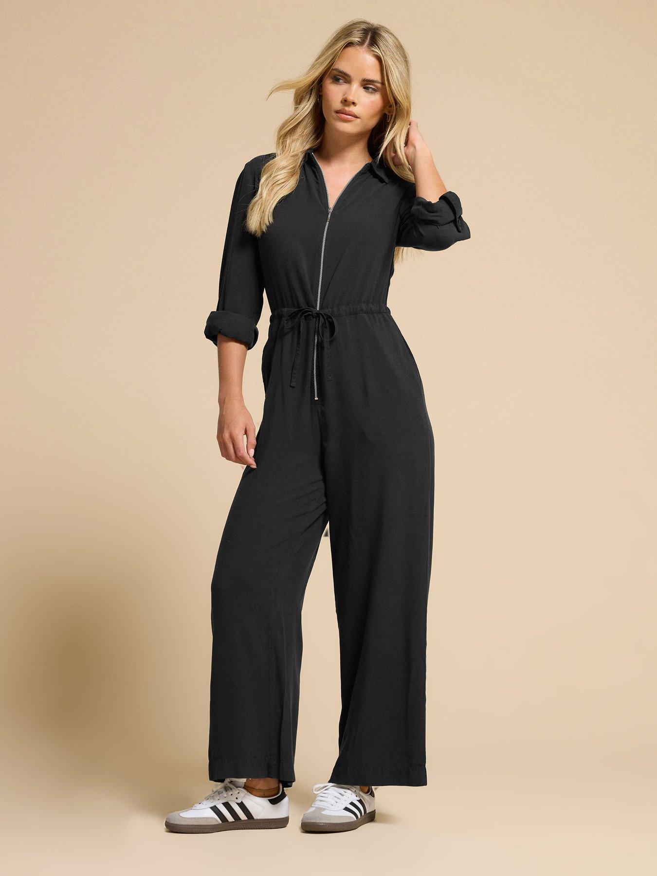 undefined Petite Acid Wash Wide Leg Jumpsuit - Black