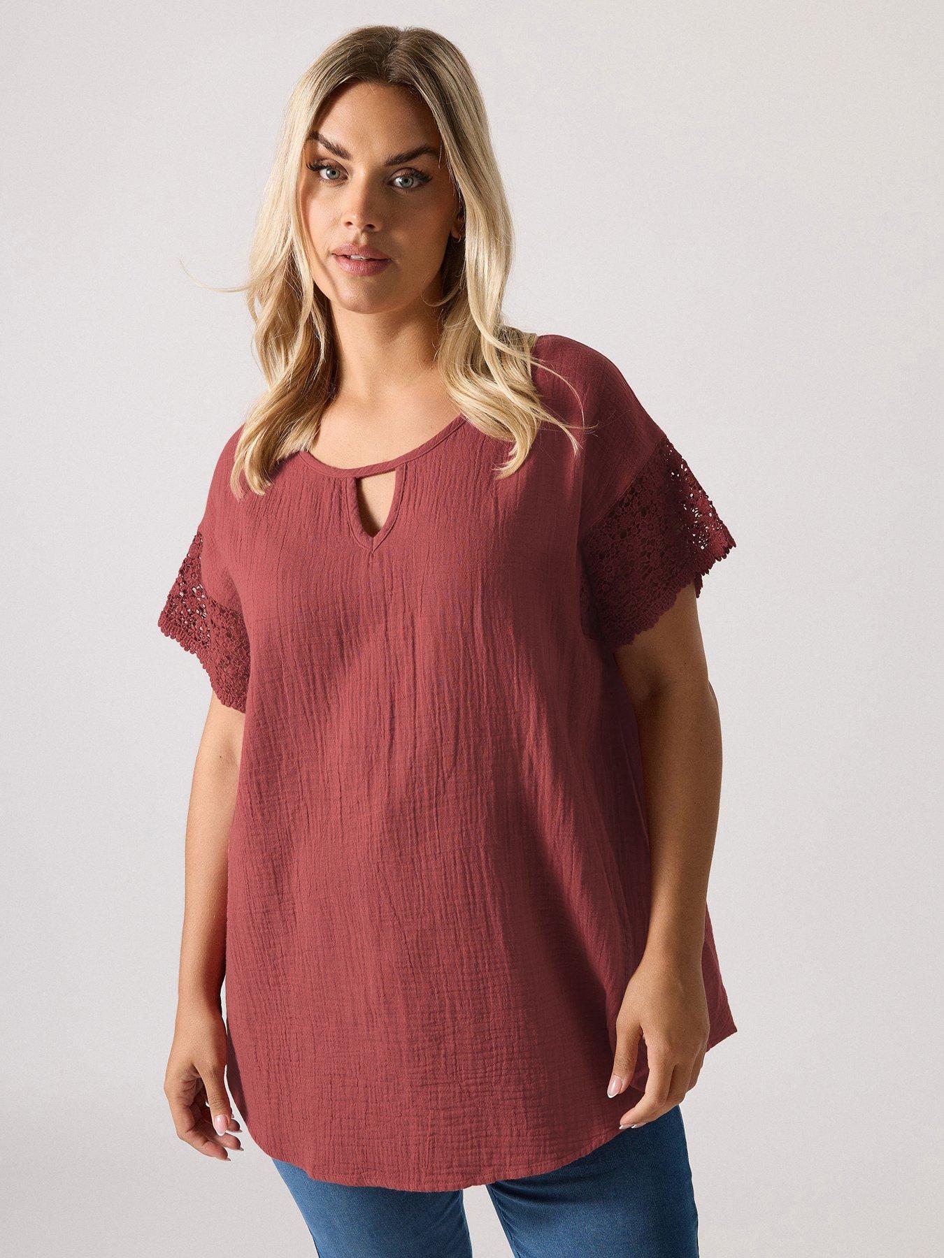 undefined Curve Cheesecloth Crochet Keyhole Top - Orange